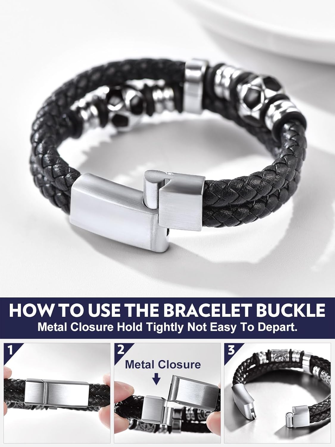 Double Row Black Braided Leather Wristband Football Beaded Bangle