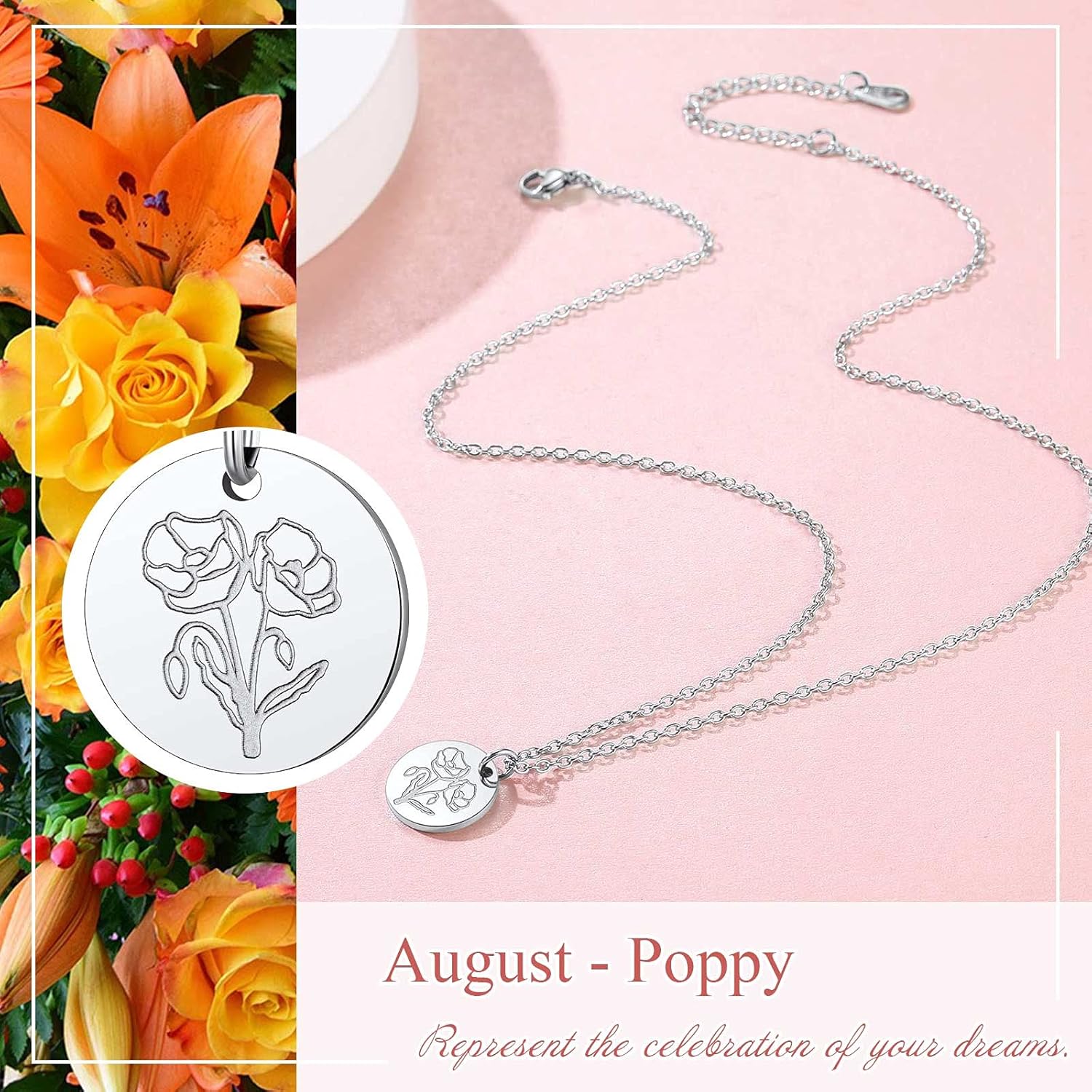 Jan. to Dec. Guardian Month Floral Birth Flower Disc Necklaces