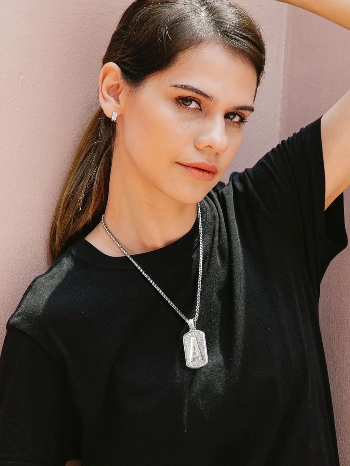 Initial Letter Pendant Cubic Zirconia Dog Tag Necklace