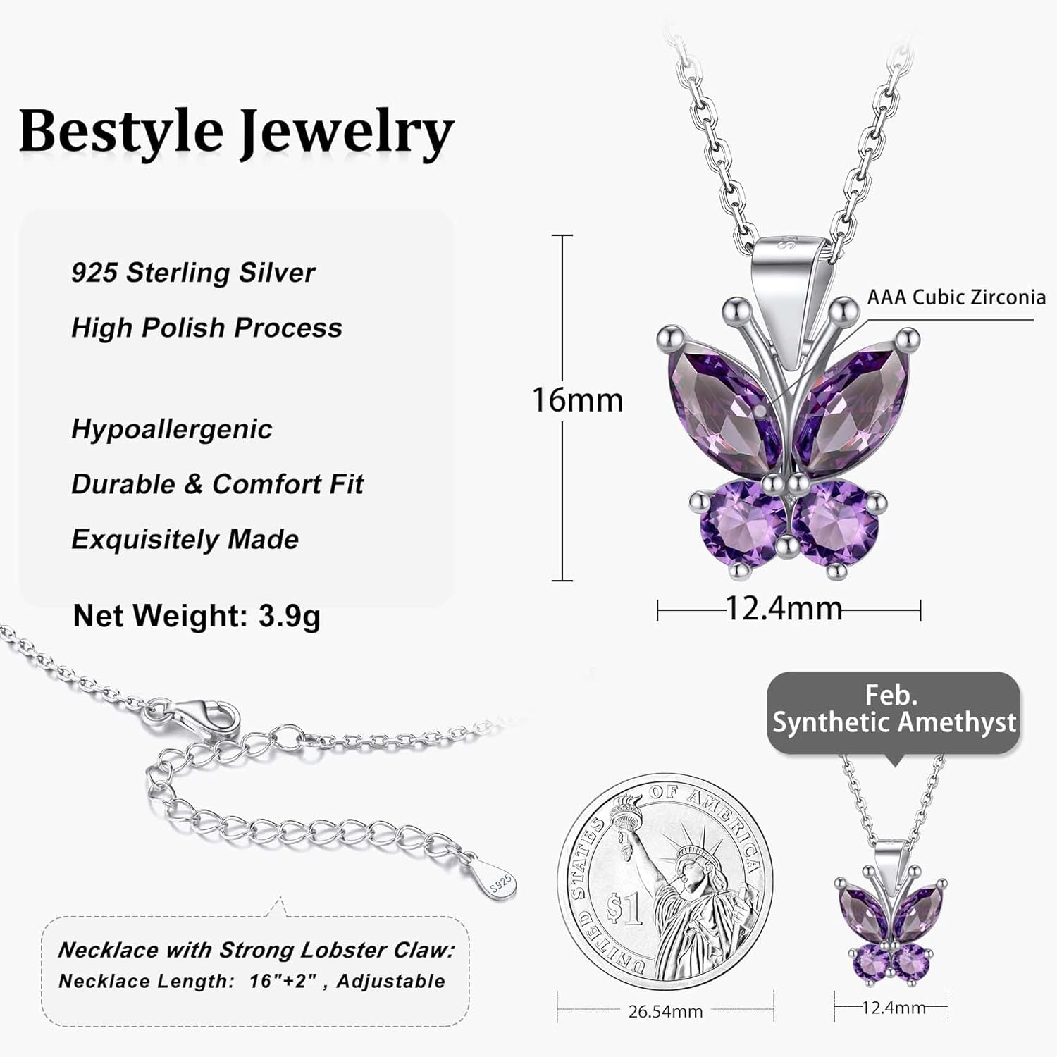 Dazzling February Amethyst Butterfly Birthstone Necklace