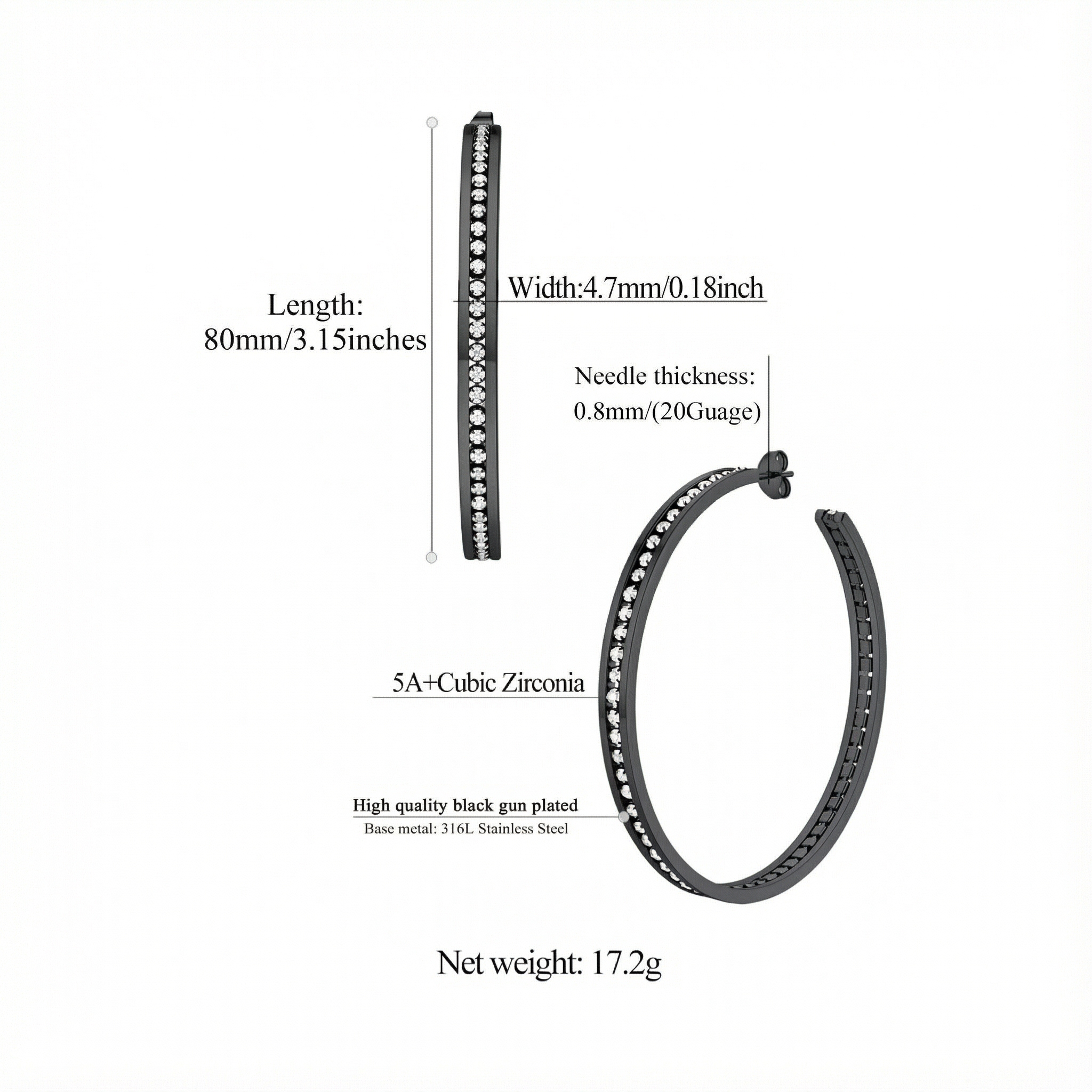 Sparkly Hoop Earrings with Cubic Zirconia Inlaid Details: Dimensions, Hypoallergenic, Latch Back