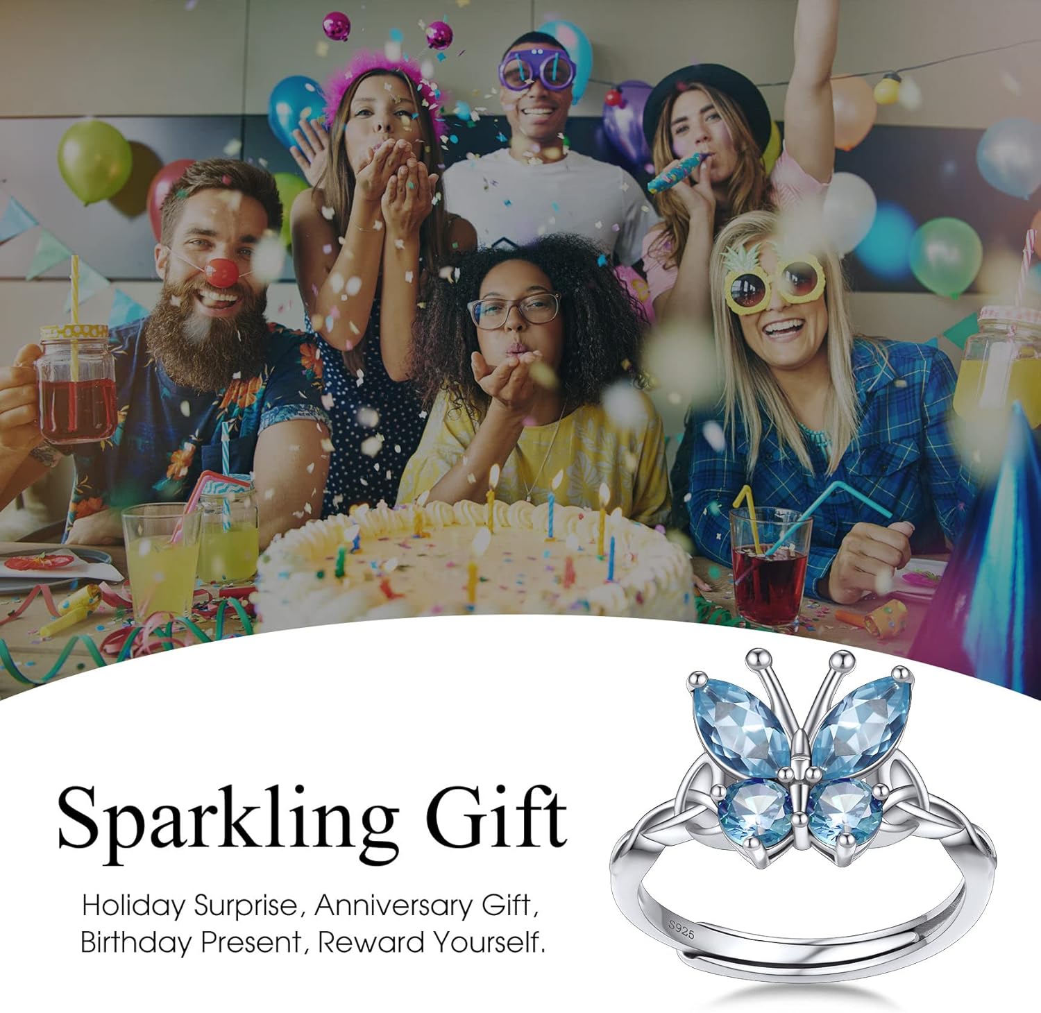 March Aquamarine Butterfly Birthstone Stackable Rings