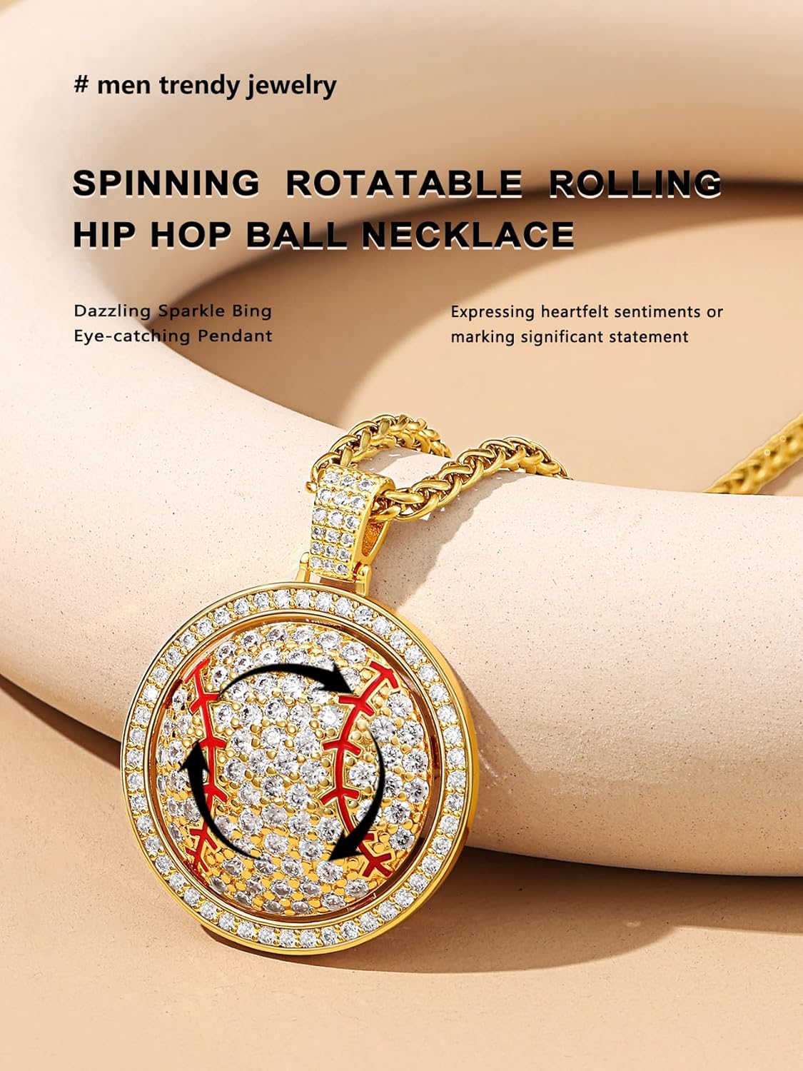 Bling Baseball Spinning Gold Necklace 