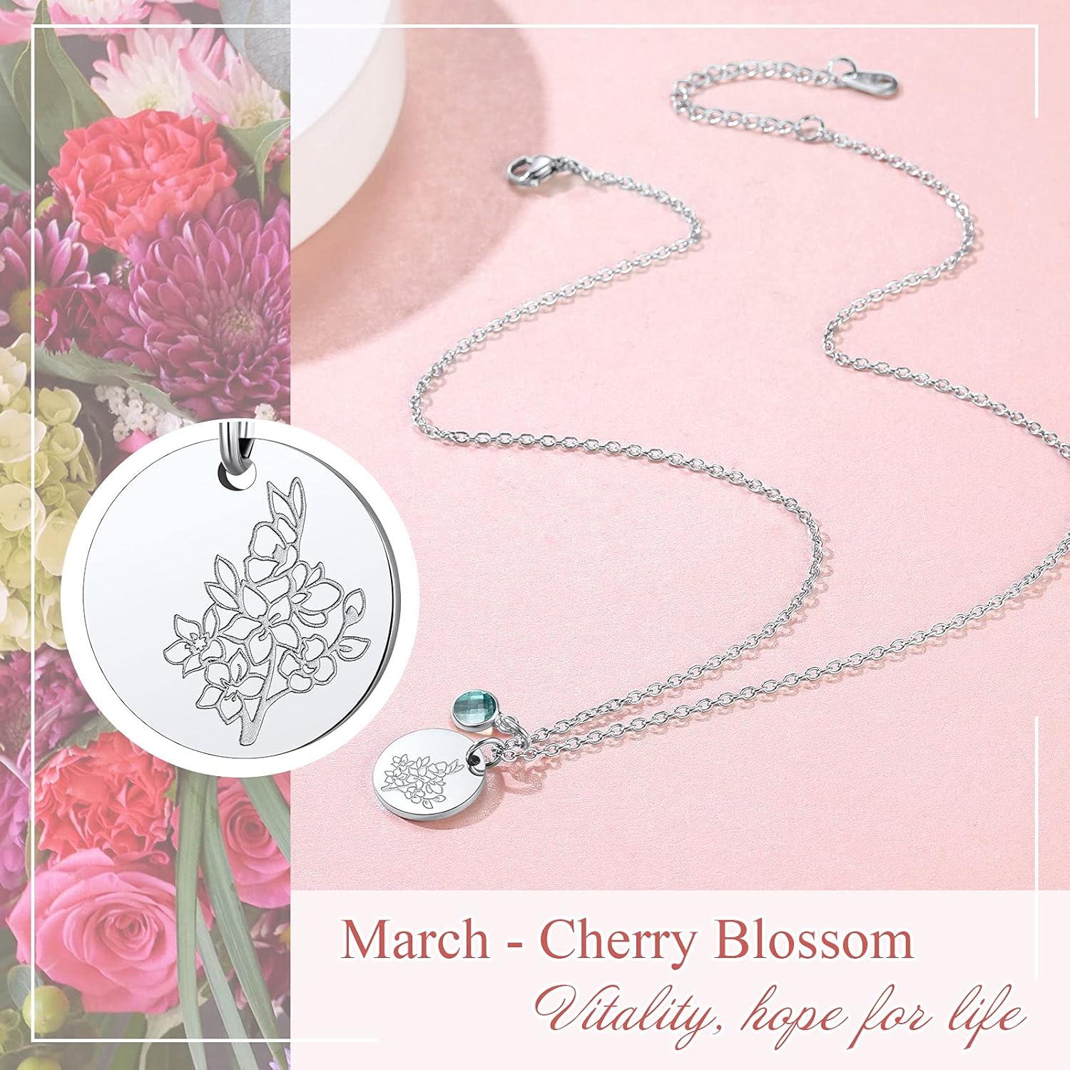 Jan. to Dec. Guardian Month Floral Birth Flower & Birthstone Disc Necklaces