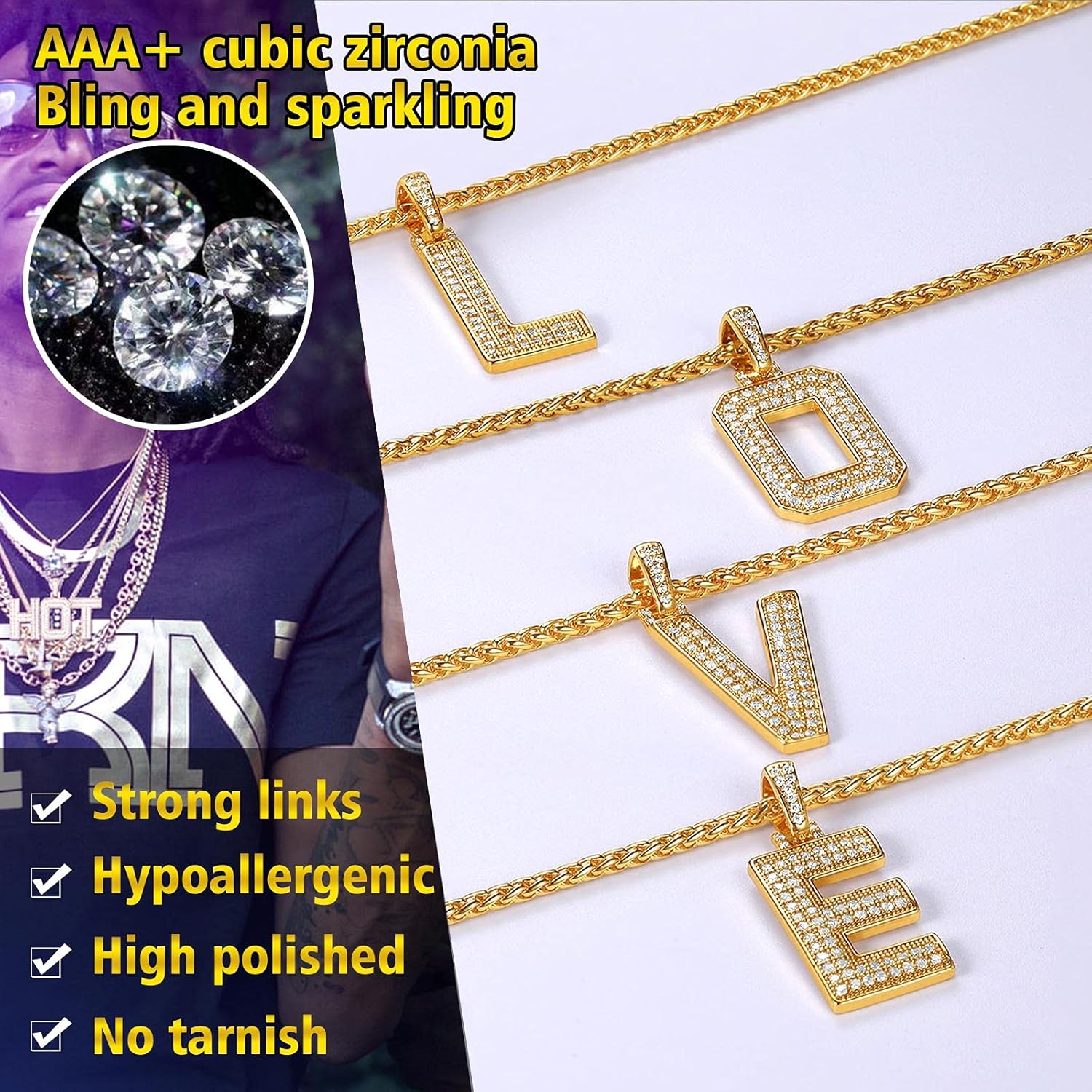 18K Gold Plated Zirconia Letter Chain Necklaces