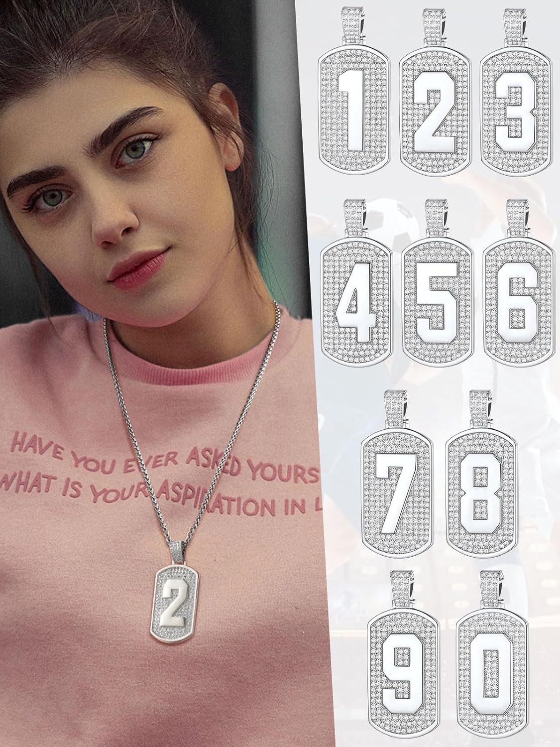 Number Pendant Cubic Zirconia Dog Tag Necklace