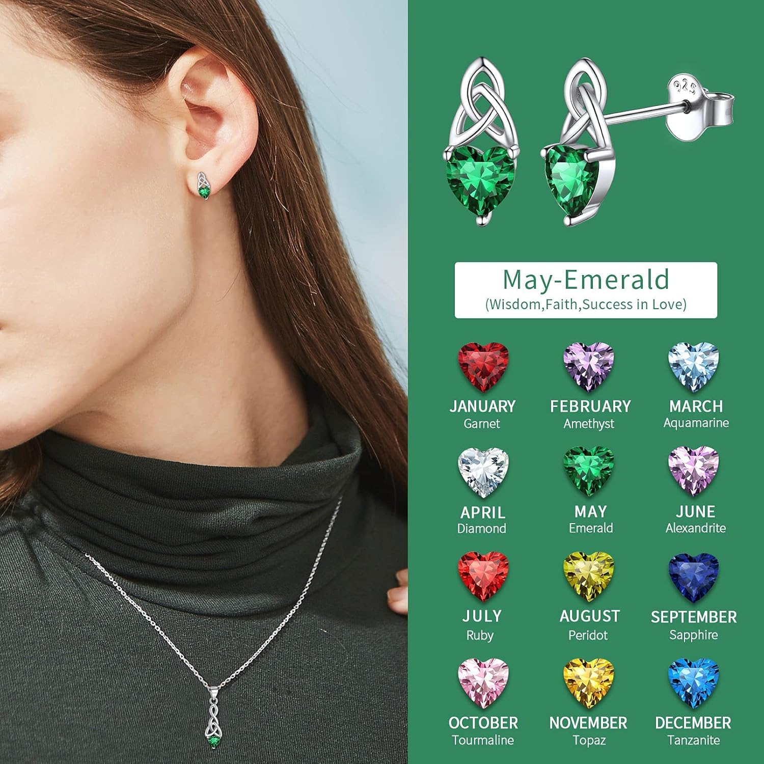 Brilliant Heart Cut Birthstone & Celtic Knot Stud Earrings