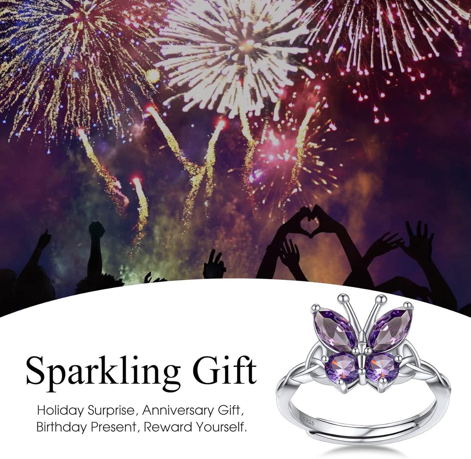 February Amethyst Butterfly Birthstone Stackable Rings