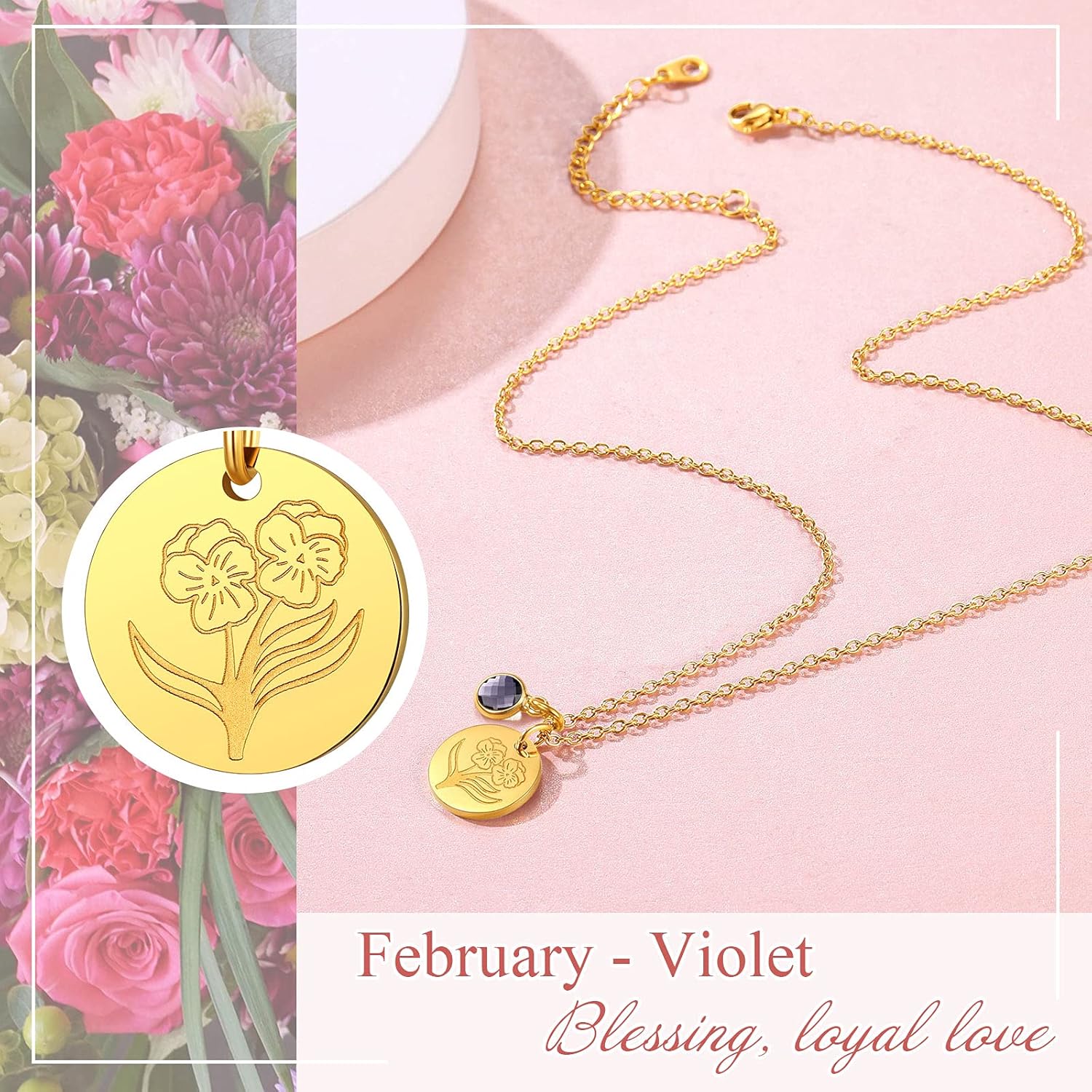 Jan. to Dec. Guardian Month Floral Birth Flower & Birthstone Disc Necklaces