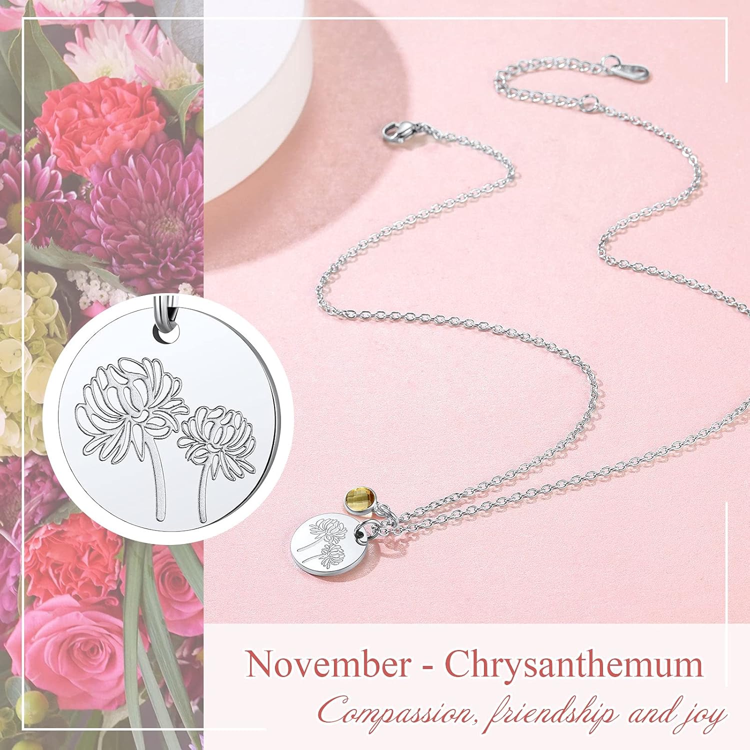 Jan. to Dec. Guardian Month Floral Birth Flower & Birthstone Disc Necklaces