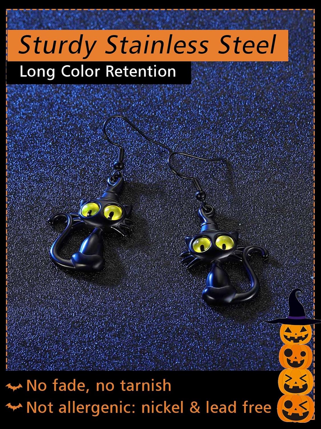 Stainless Steel Black Cat Dangle Earrings 