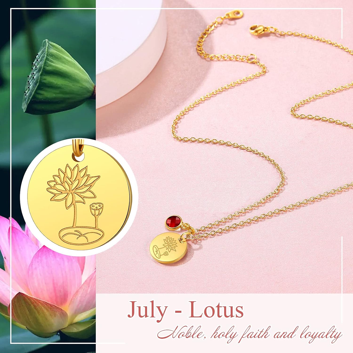 Jan. to Dec. Guardian Month Floral Birth Flower & Birthstone Disc Necklaces