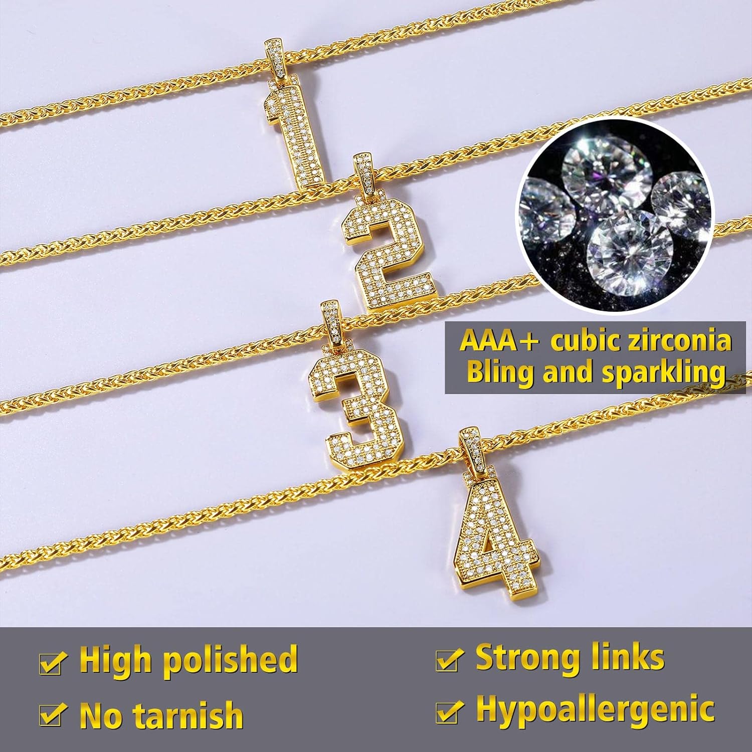 18K Gold Plated Zirconia Number Chain Necklaces