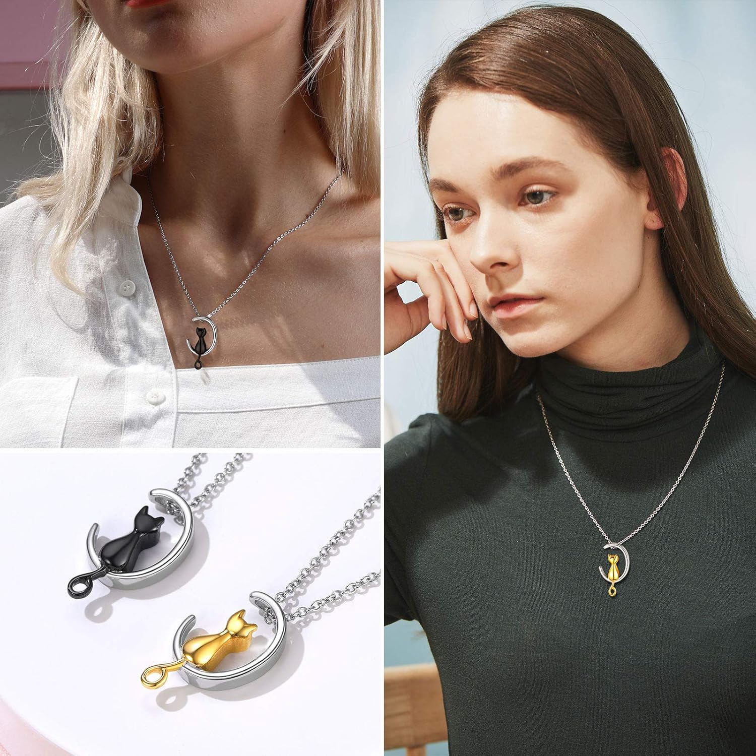 Urn Ashes Moon Cat Pendant Necklaces