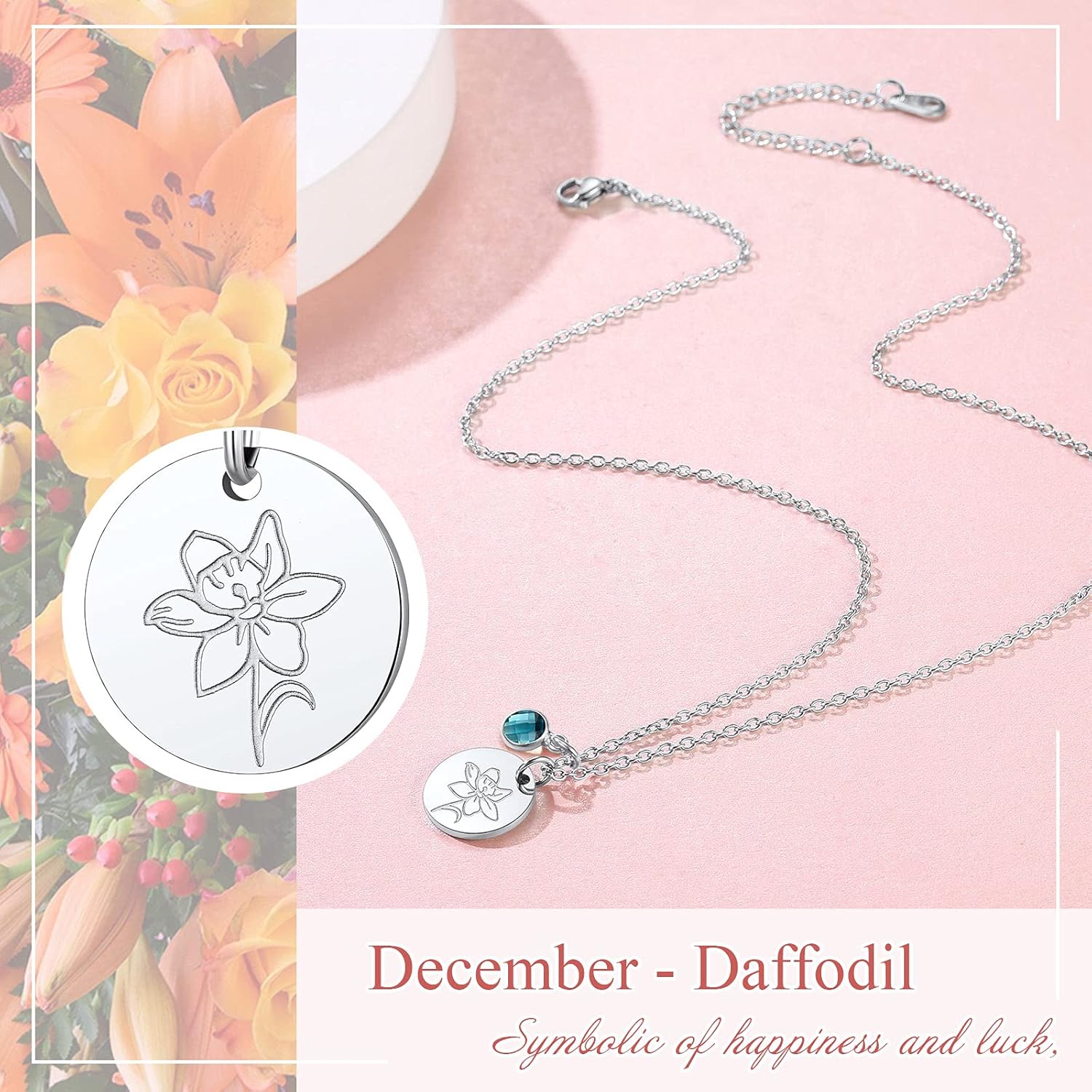 Jan. to Dec. Guardian Month Floral Birth Flower & Birthstone Disc Necklaces