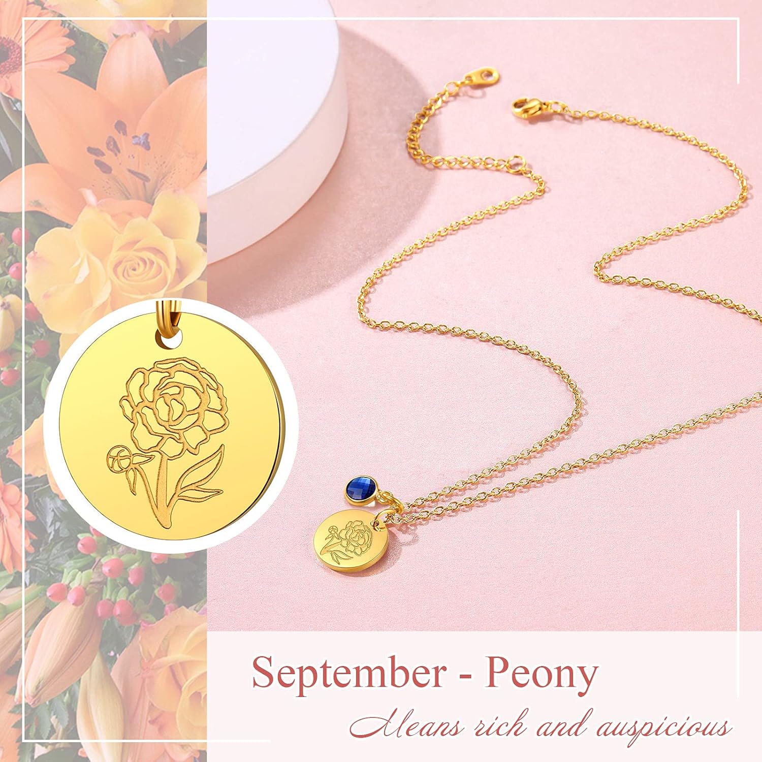 Jan. to Dec. Guardian Month Floral Birth Flower & Birthstone Disc Necklaces