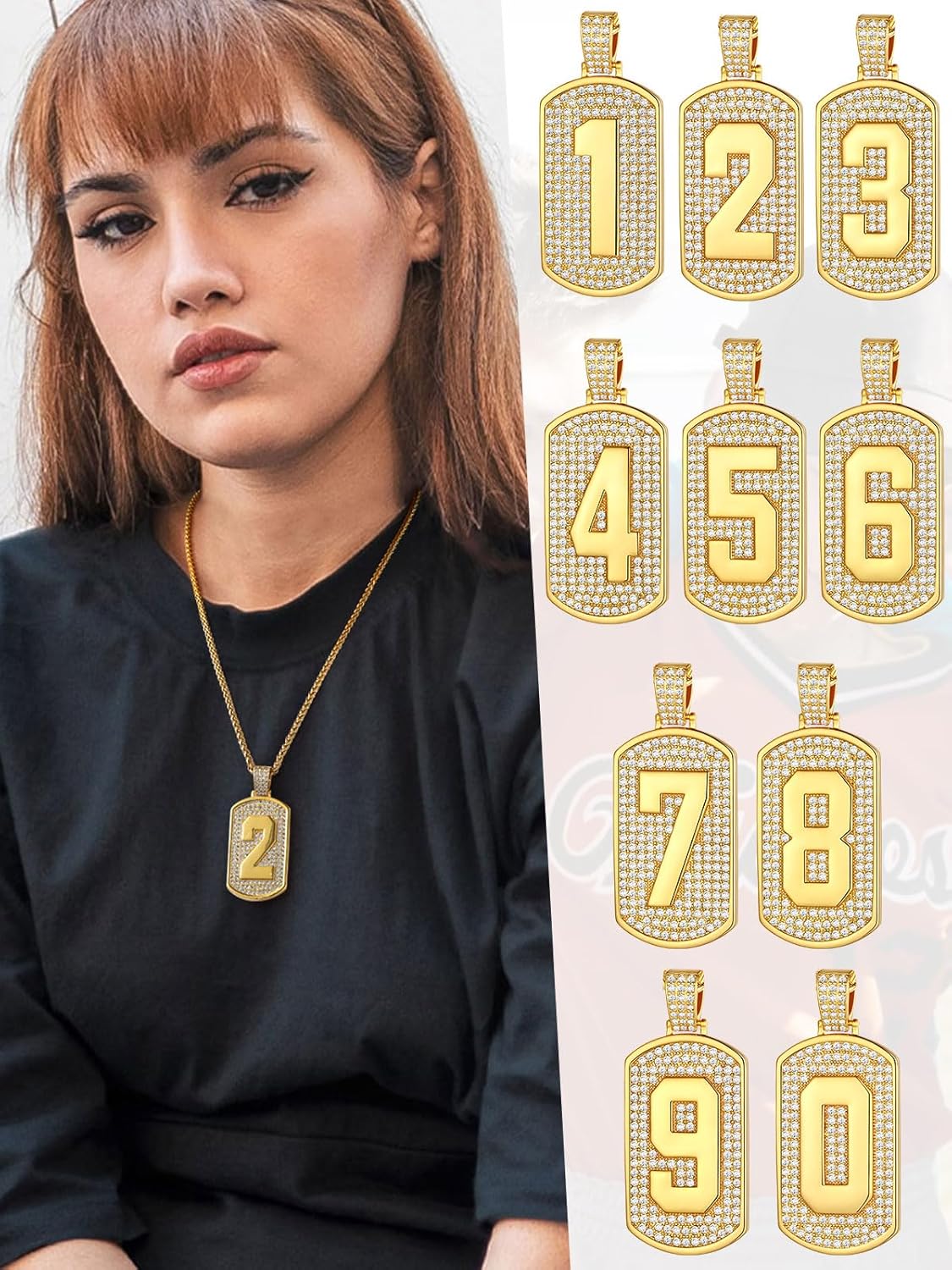 Number Pendant Cubic Zirconia Dog Tag Necklace