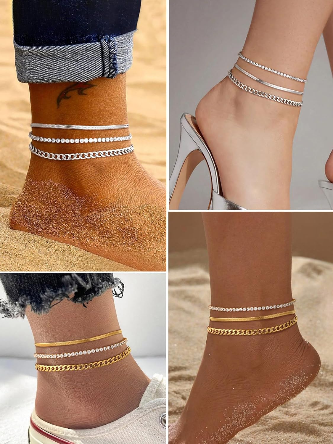 3PCS Herringbone & Tennis & Cuban Link Herringbone Link Foot Jewelry Set