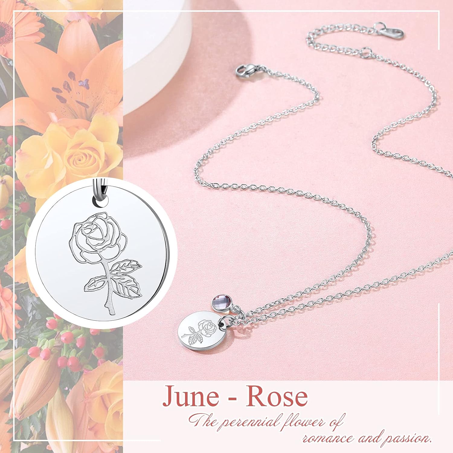 Jan. to Dec. Guardian Month Floral Birth Flower & Birthstone Disc Necklaces