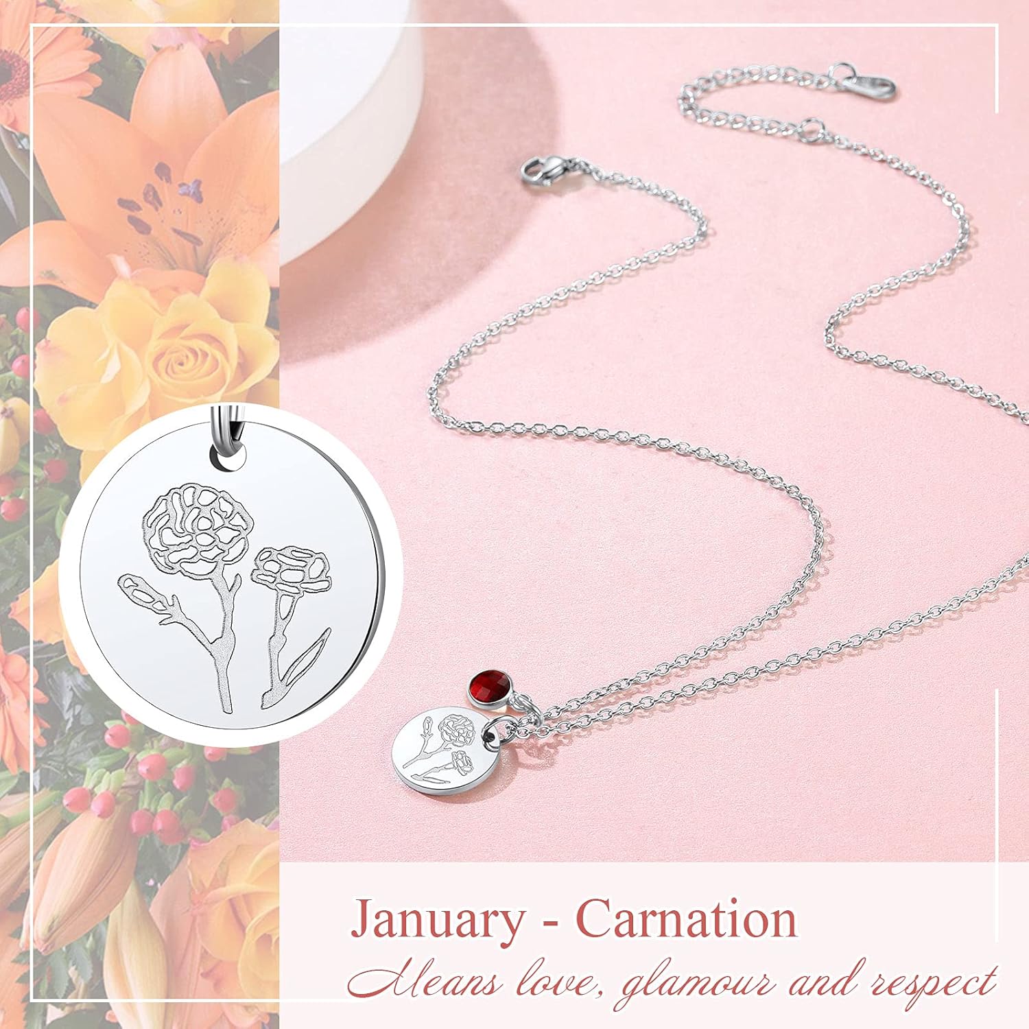 Jan. to Dec. Guardian Month Floral Birth Flower & Birthstone Disc Necklaces