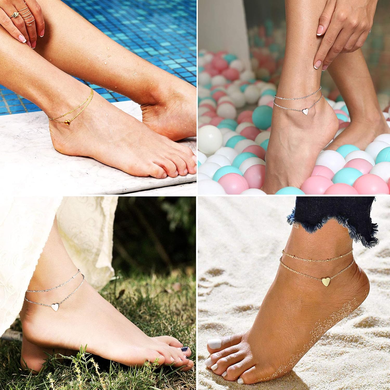 Cute Layered Heart Charm Anklets 