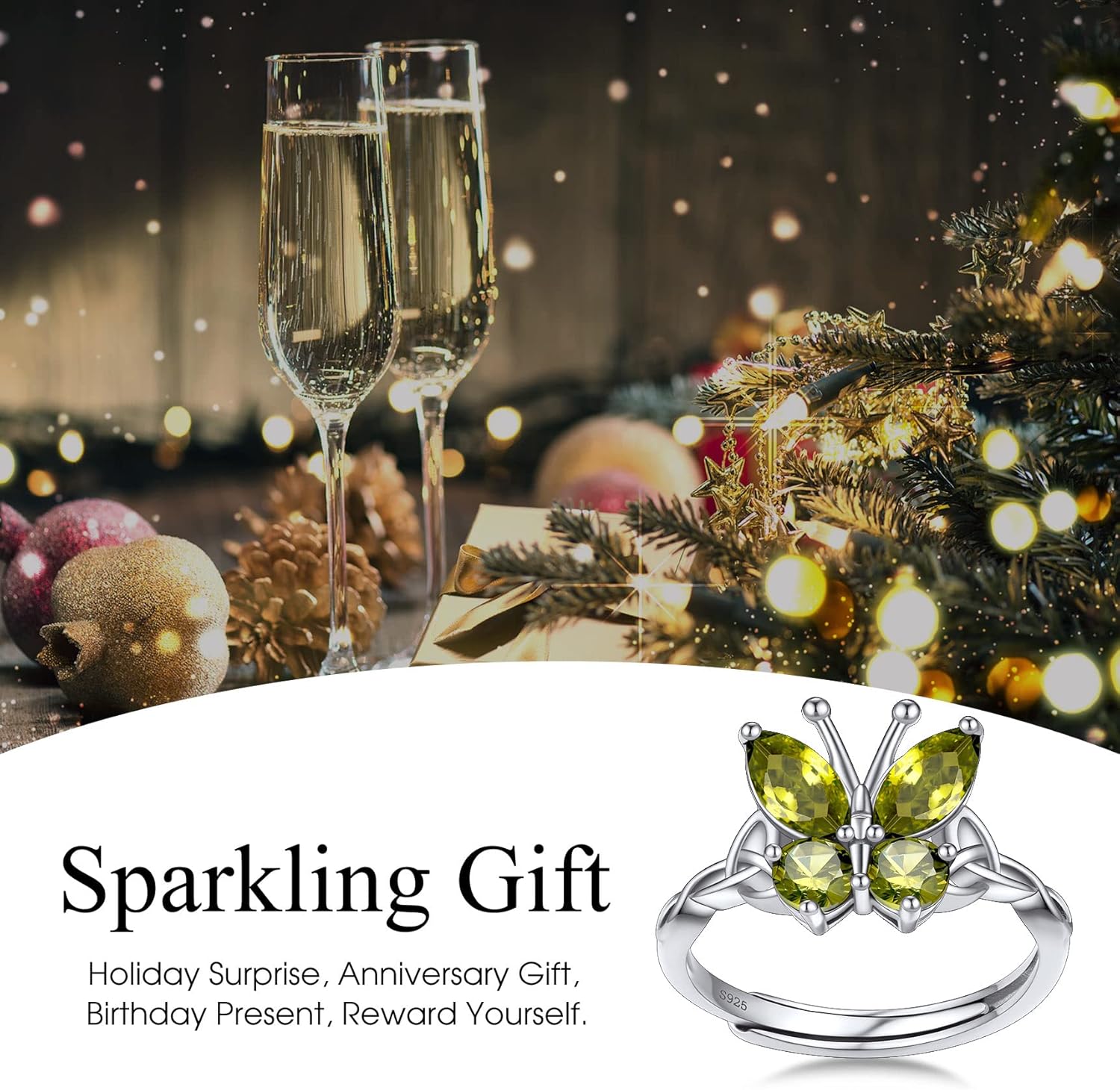 August Peridot Butterfly Birthstone Stackable Rings