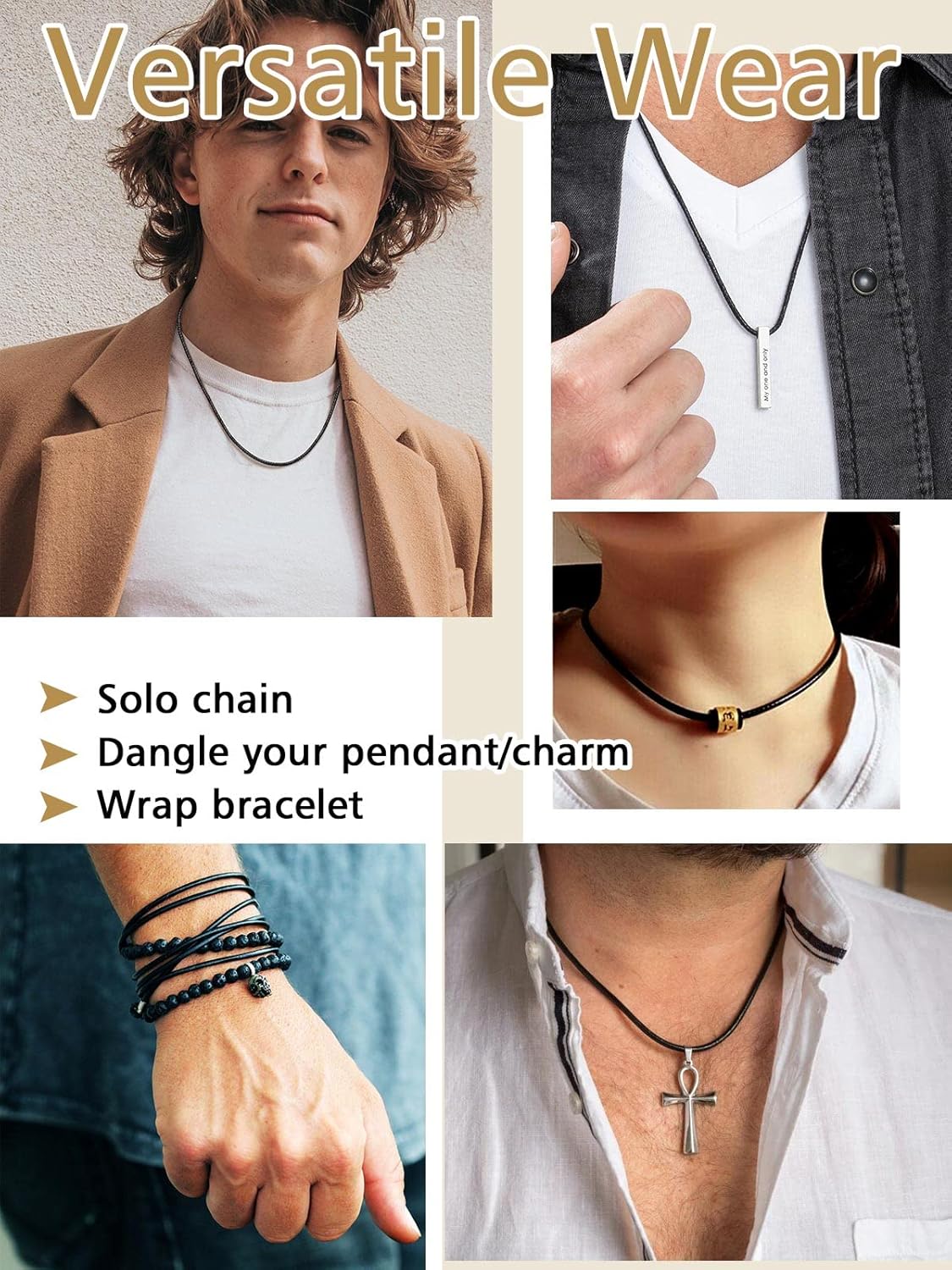 Waterproof Black Leather Cord Waxed Rope Chain Necklaces