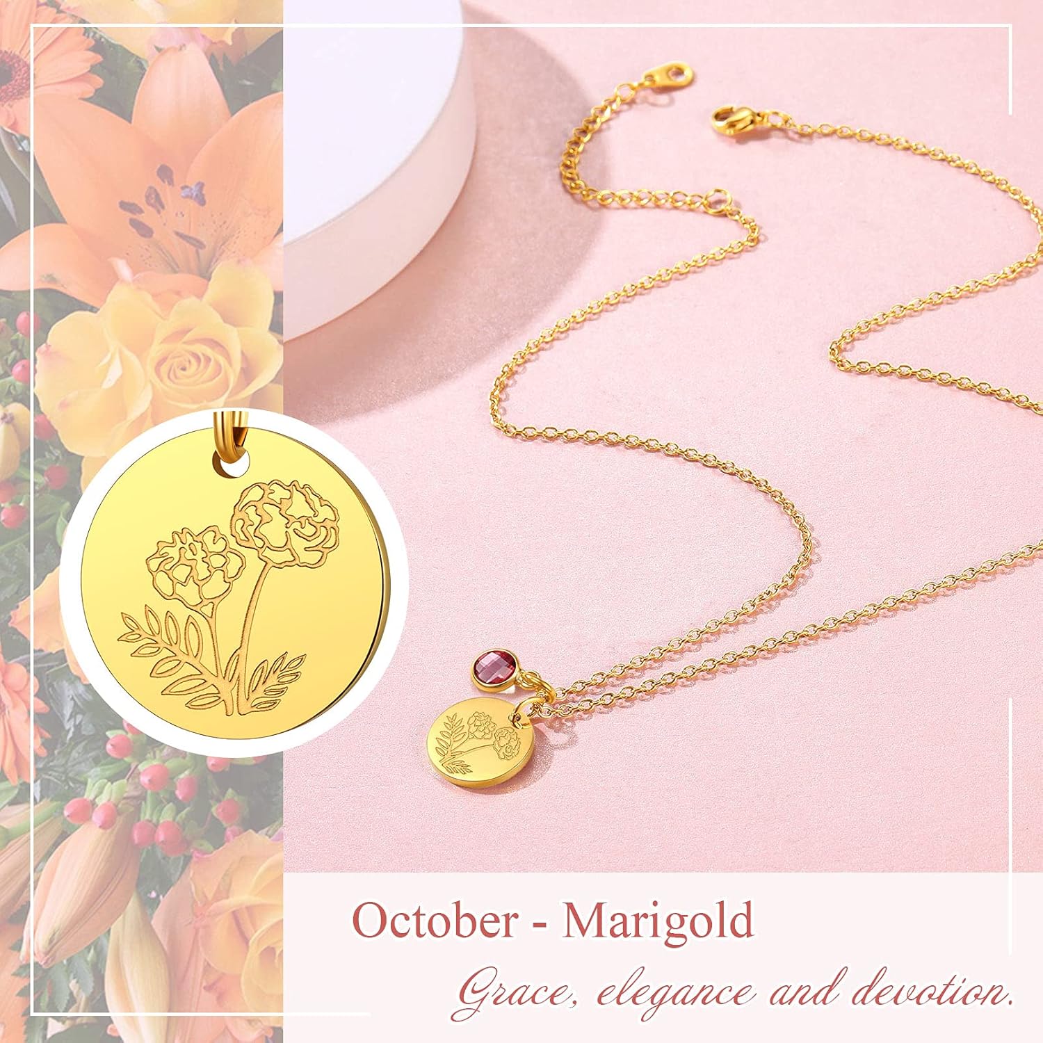 Jan. to Dec. Guardian Month Floral Birth Flower & Birthstone Disc Necklaces