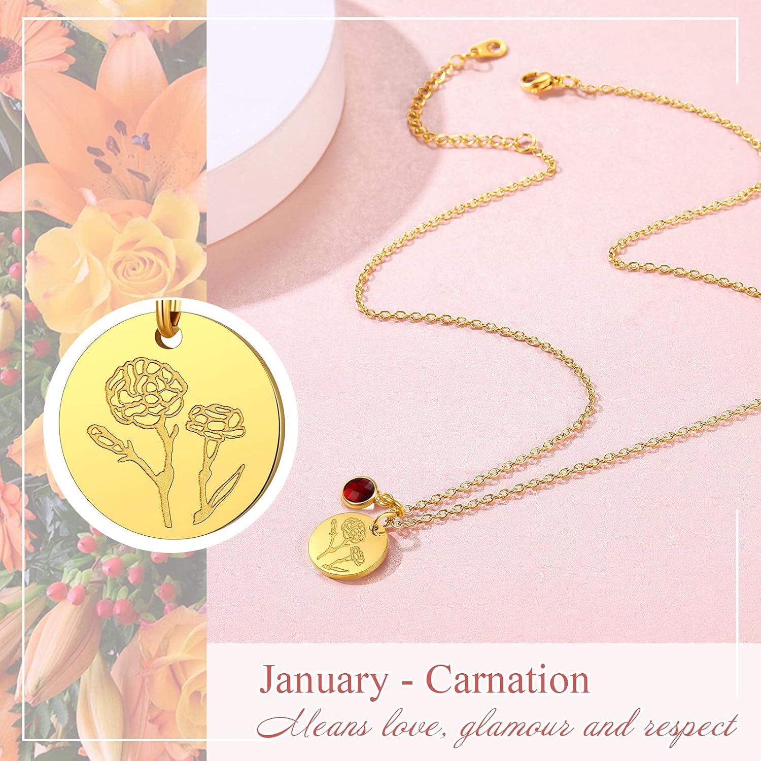 Jan. to Dec. Guardian Month Floral Birth Flower & Birthstone Disc Necklaces