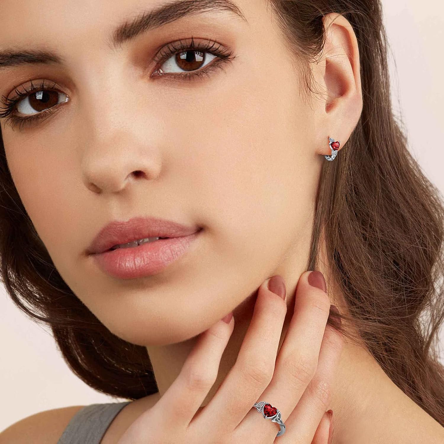 January Red Garnet Heart Celtic Knot Birthstone Hoop Earrings