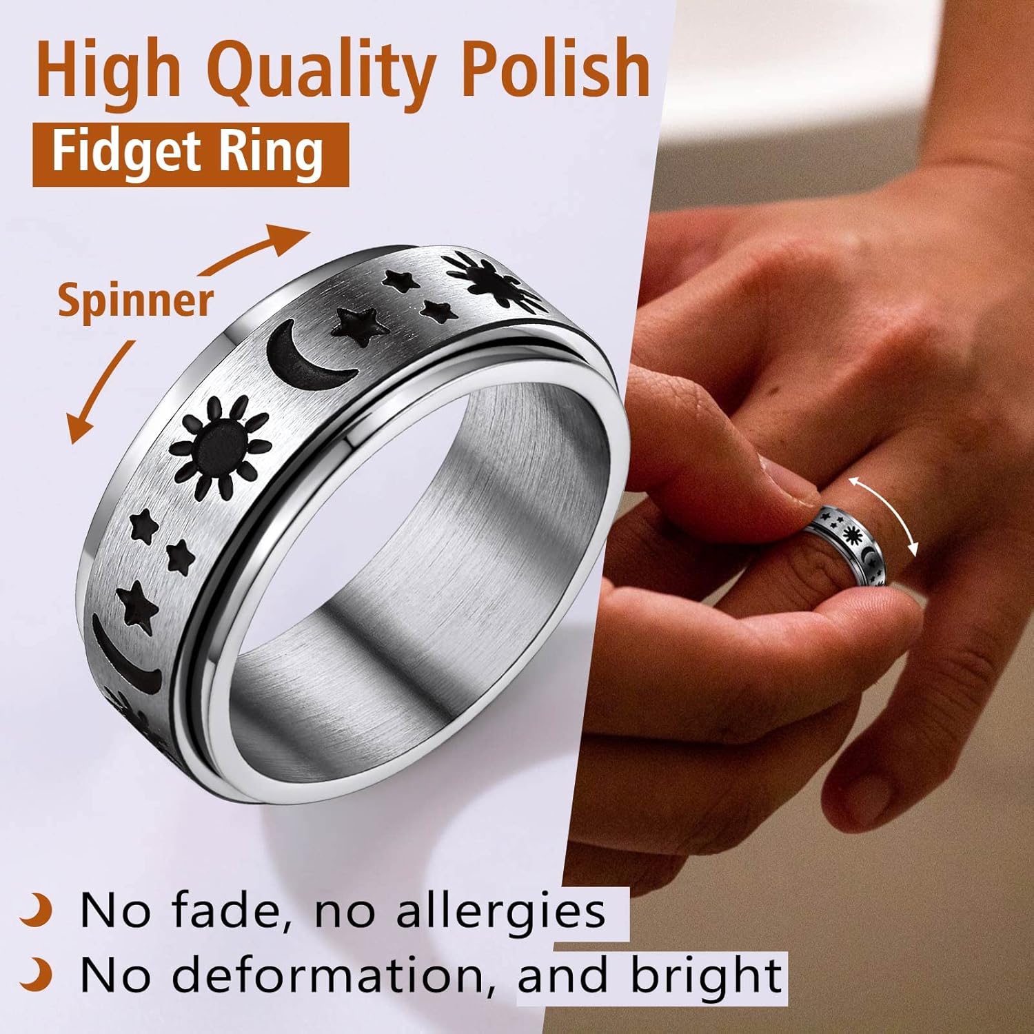 Stainless Steel Spinner Moon and Sun Mixed Color Band Rings