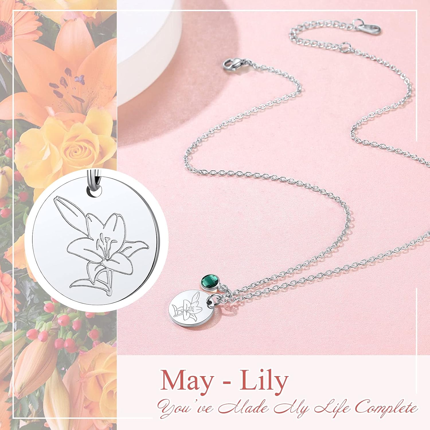 Jan. to Dec. Guardian Month Floral Birth Flower & Birthstone Disc Necklaces