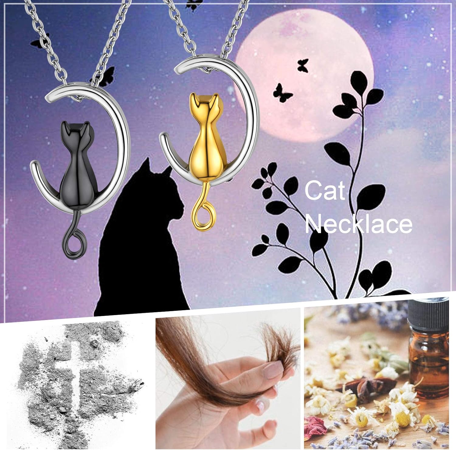Urn Ashes Moon Cat Pendant Necklaces