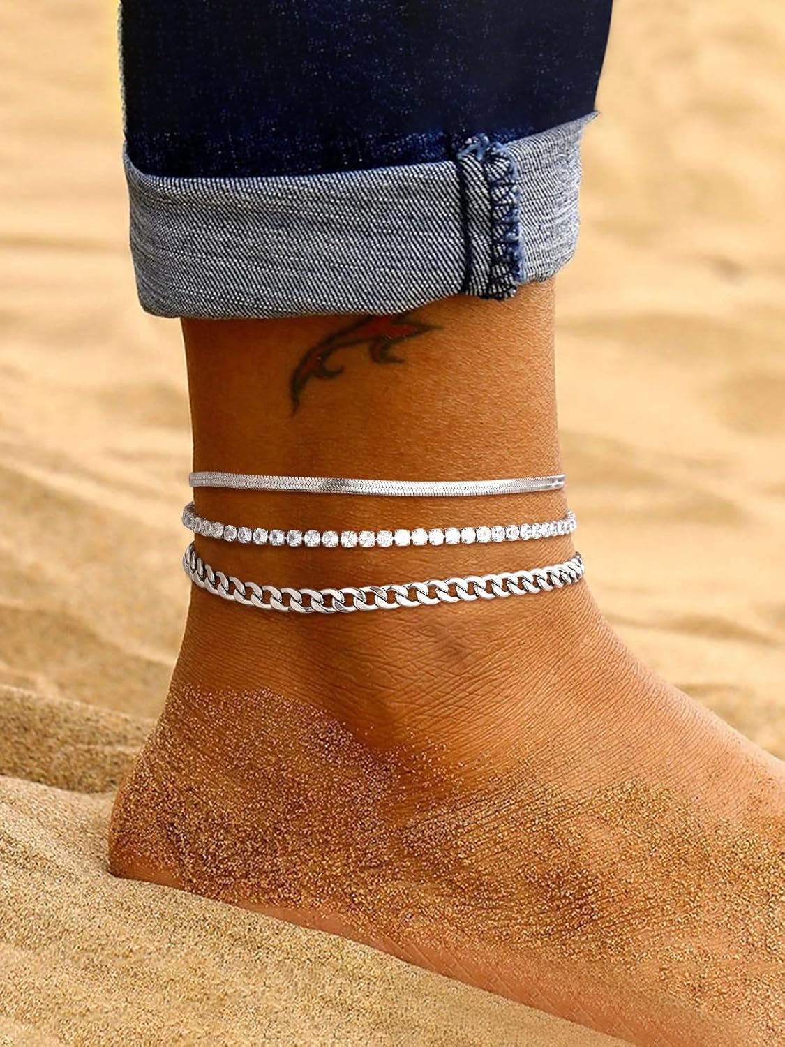 3PCS Herringbone & Tennis & Cuban Link Herringbone Link Foot Jewelry Set