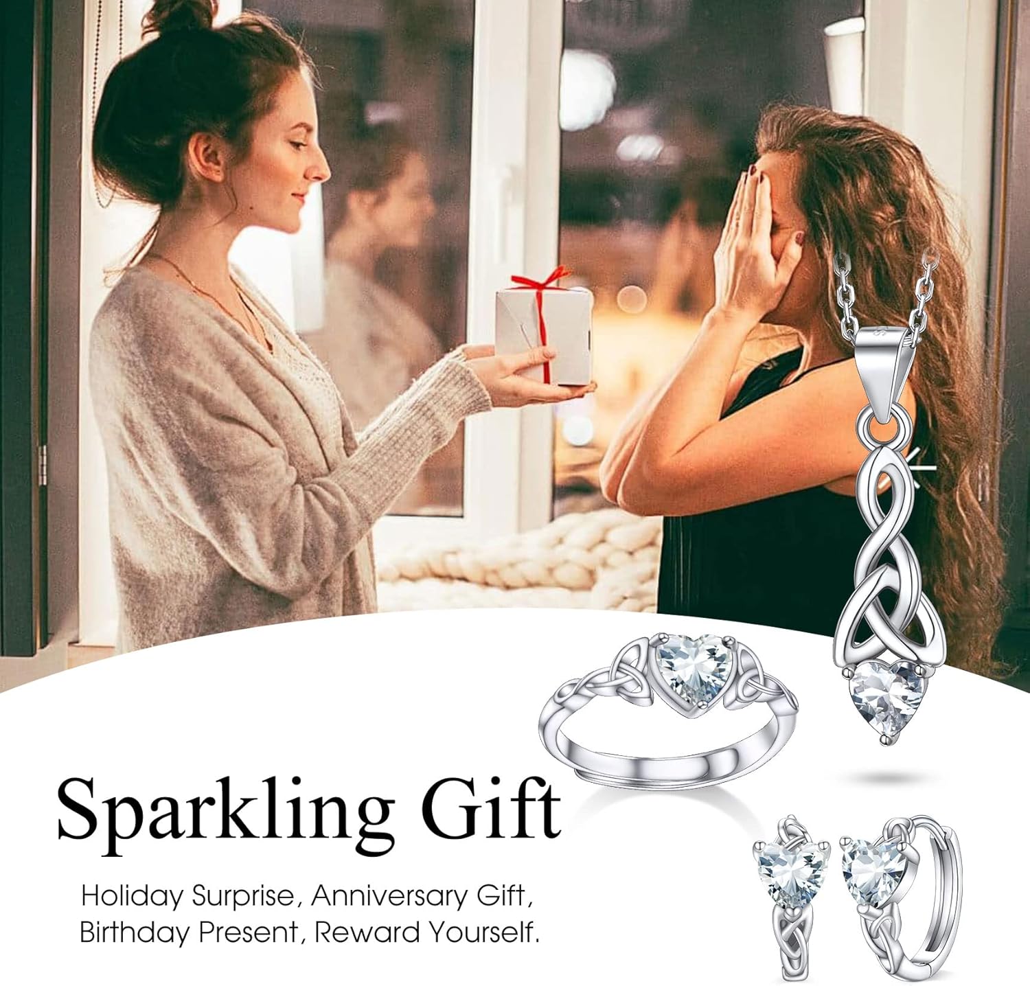 April White Diamond Heart Celtic Knot Birthstone Hoop Earrings