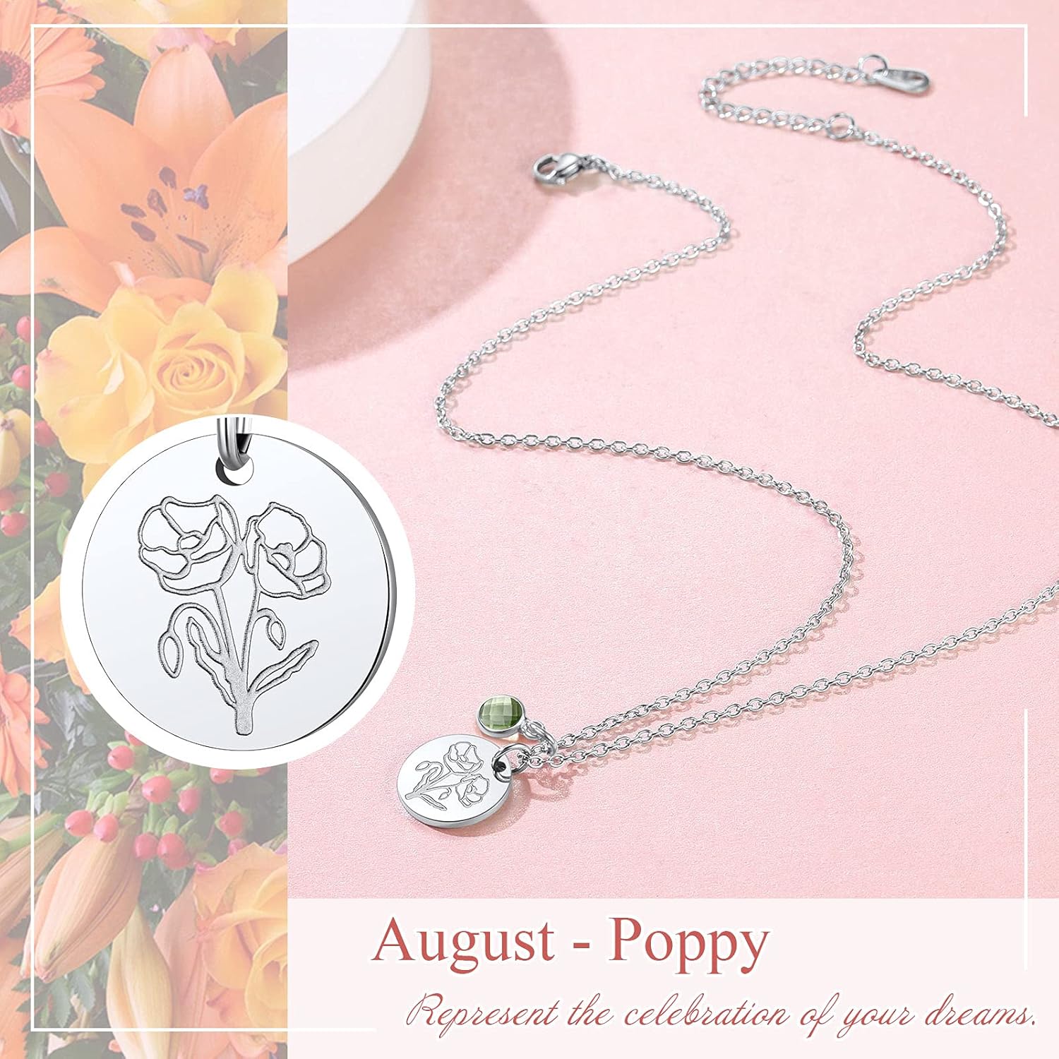 Jan. to Dec. Guardian Month Floral Birth Flower & Birthstone Disc Necklaces
