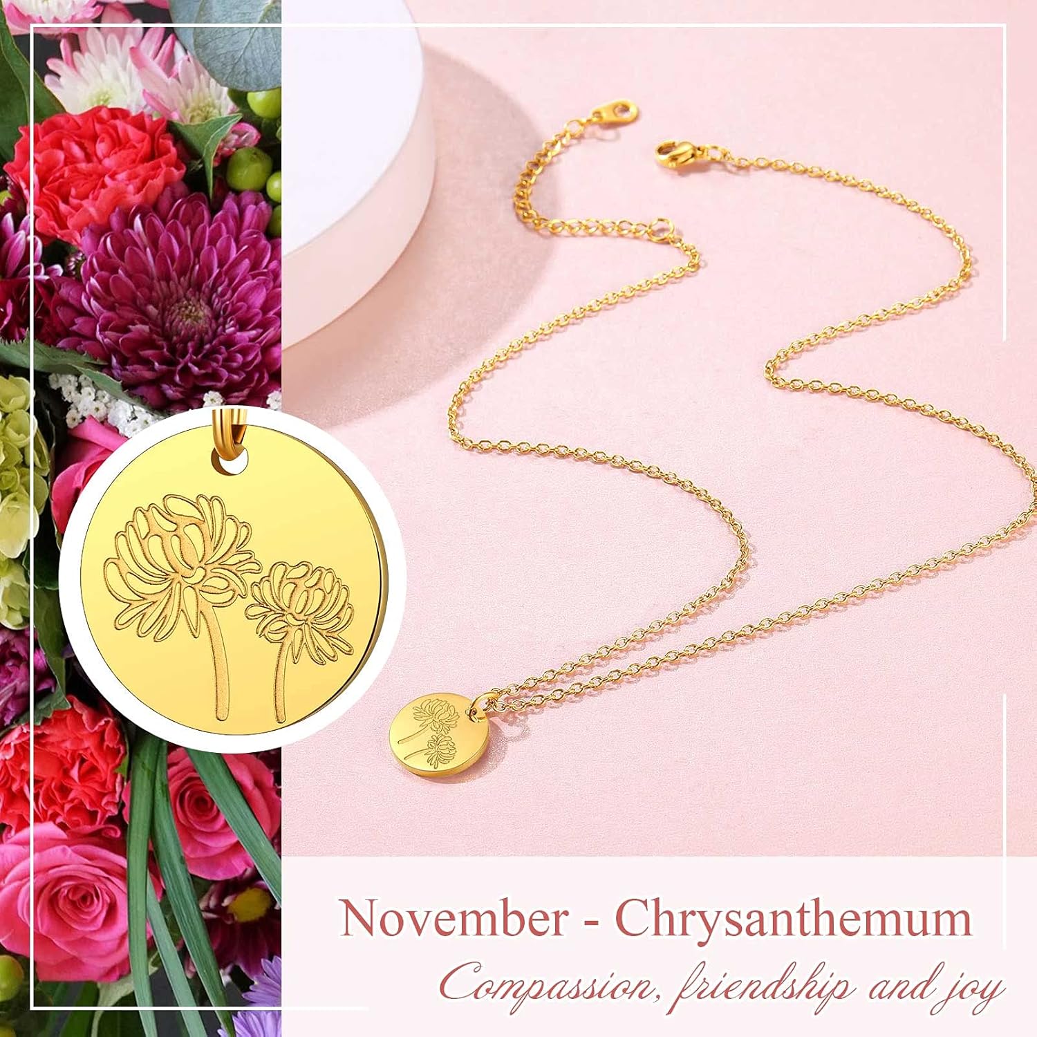 Jan. to Dec. Guardian Month Floral Birth Flower Disc Necklaces