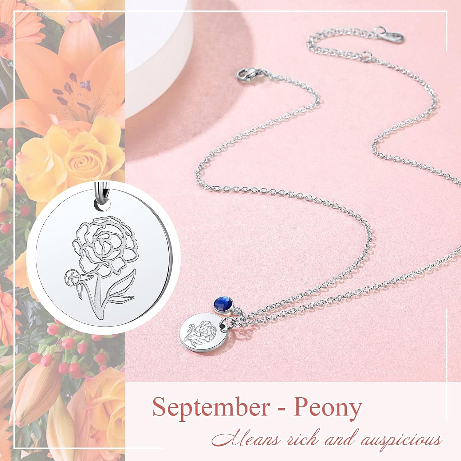 Jan. to Dec. Guardian Month Floral Birth Flower & Birthstone Disc Necklaces