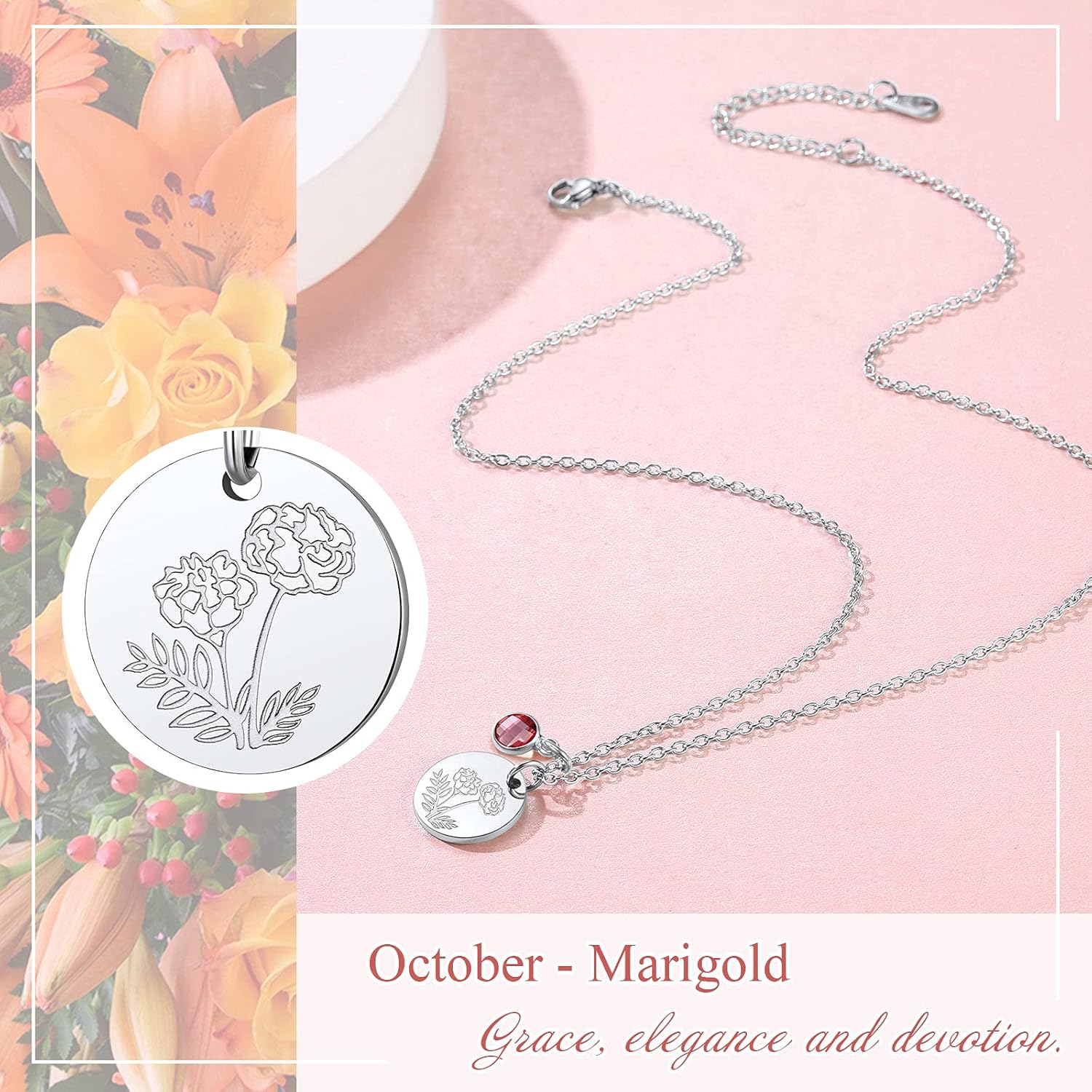 Jan. to Dec. Guardian Month Floral Birth Flower & Birthstone Disc Necklaces