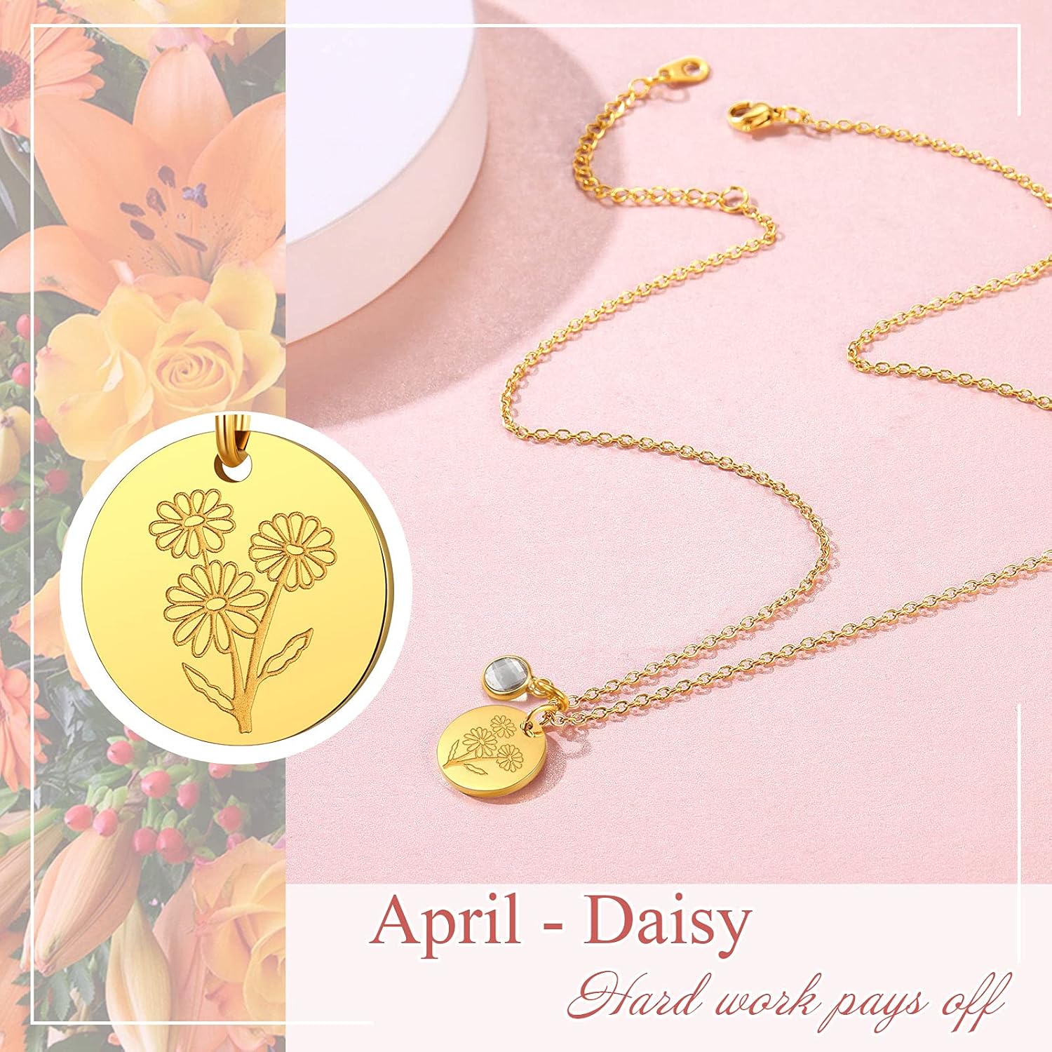 Jan. to Dec. Guardian Month Floral Birth Flower & Birthstone Disc Necklaces