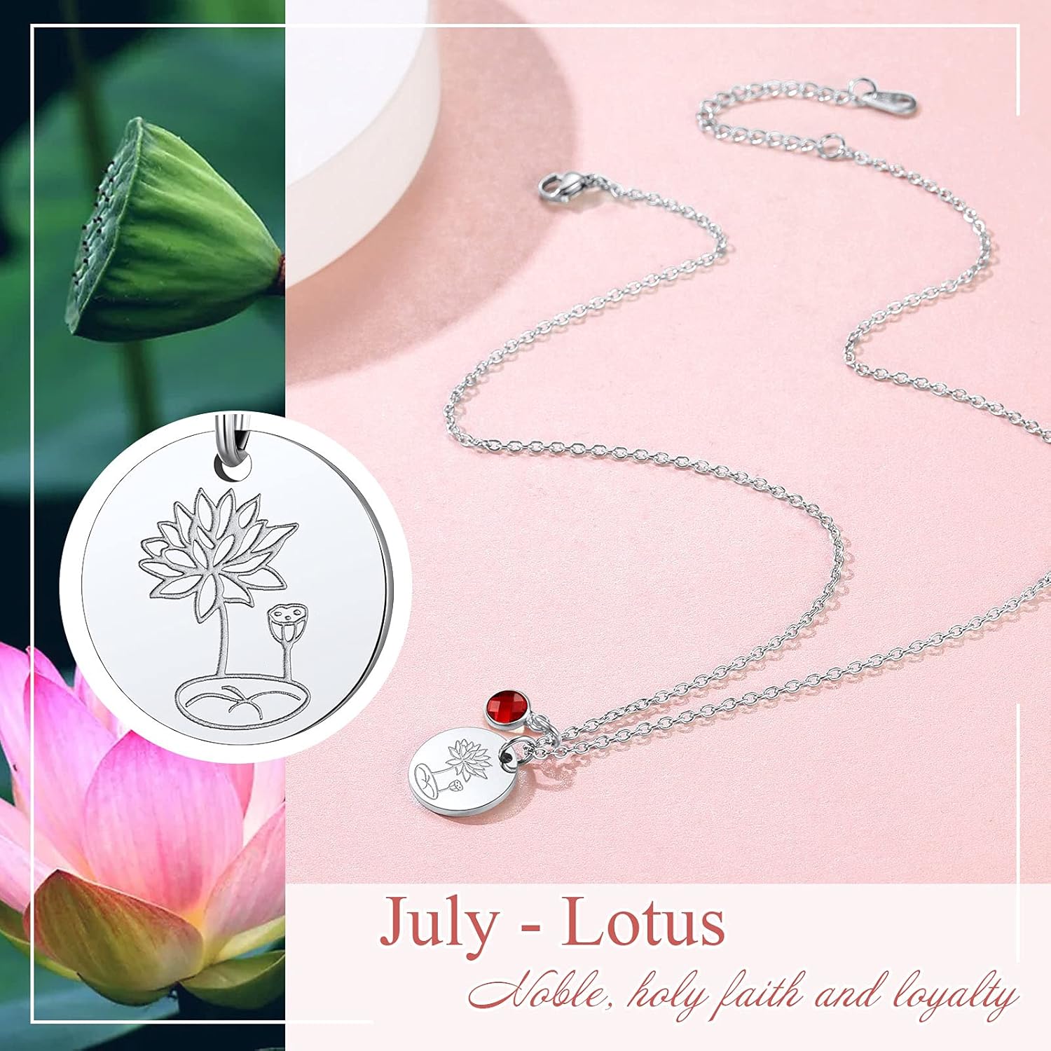 Jan. to Dec. Guardian Month Floral Birth Flower & Birthstone Disc Necklaces