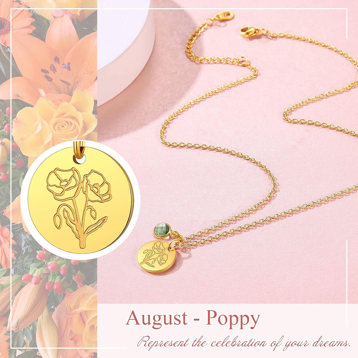 Jan. to Dec. Guardian Month Floral Birth Flower & Birthstone Disc Necklaces
