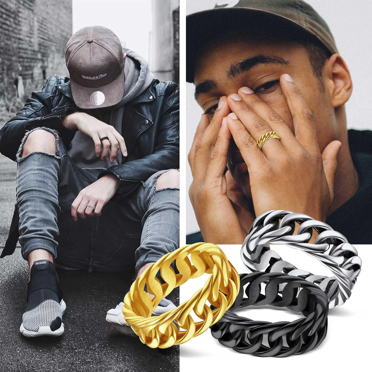 Index Middle Knuckle Finger Hollow Band Statement Chain Rings