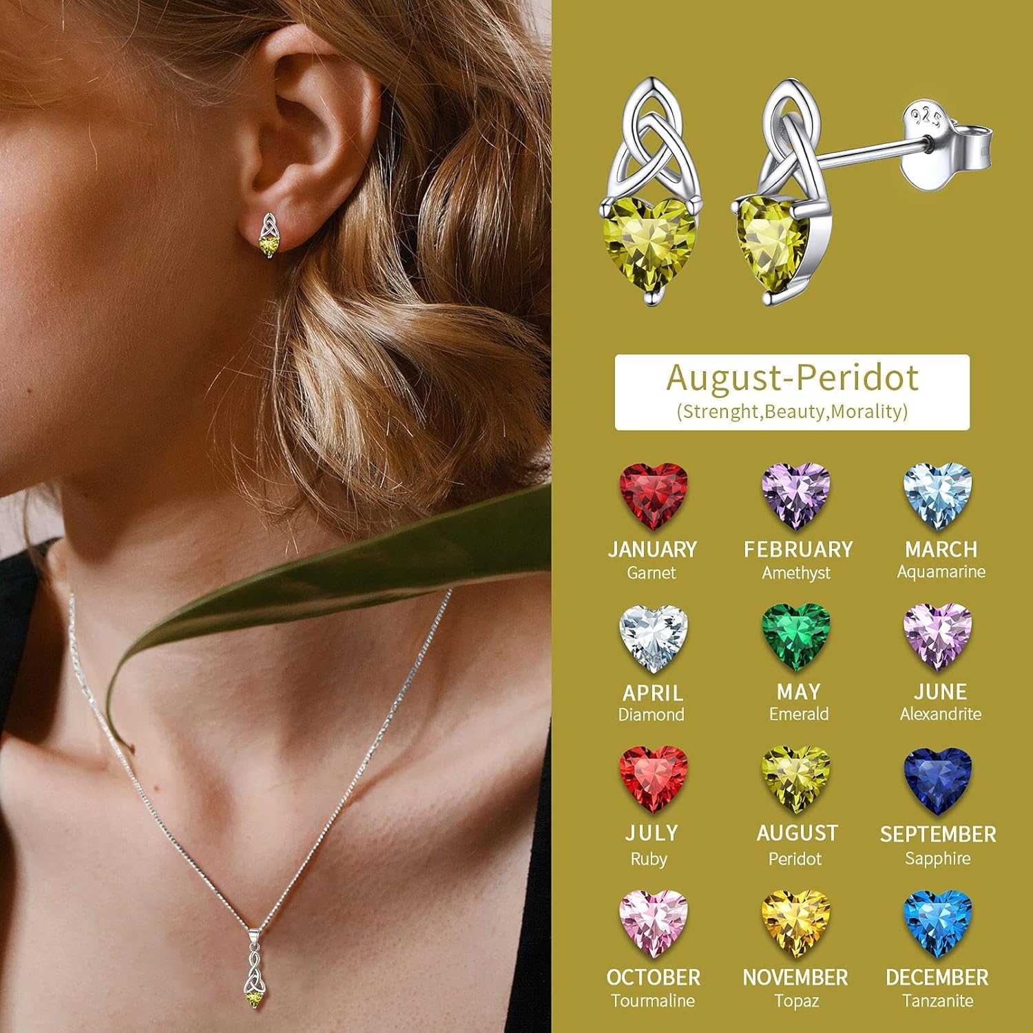 Brilliant Heart Cut Birthstone & Celtic Knot Stud Earrings