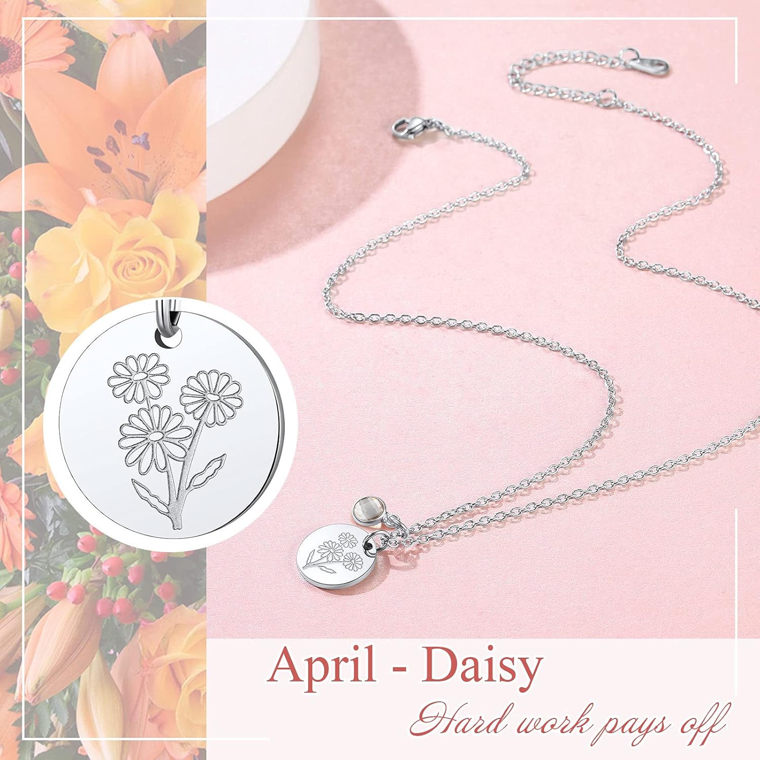 Jan. to Dec. Guardian Month Floral Birth Flower & Birthstone Disc Necklaces
