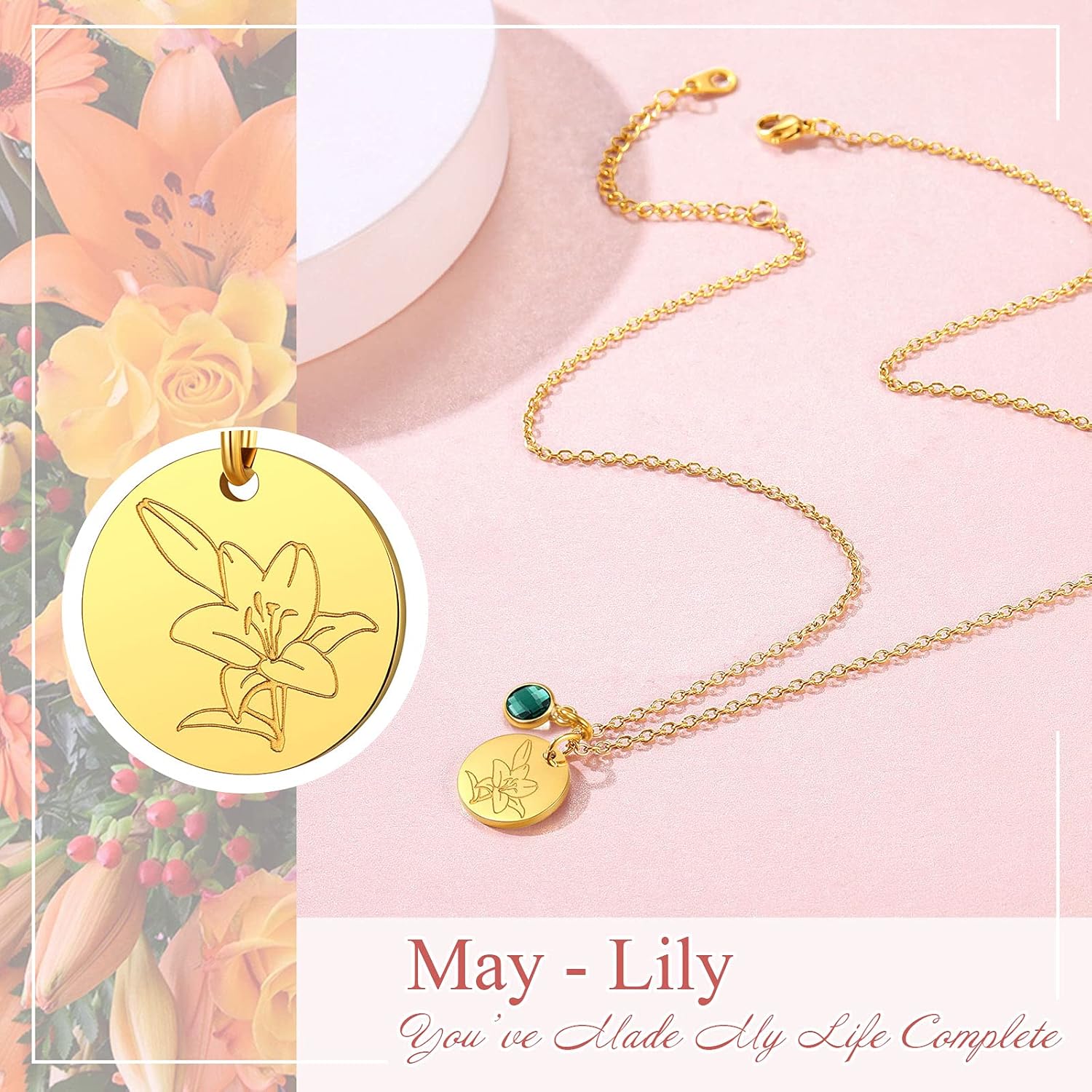 Jan. to Dec. Guardian Month Floral Birth Flower & Birthstone Disc Necklaces