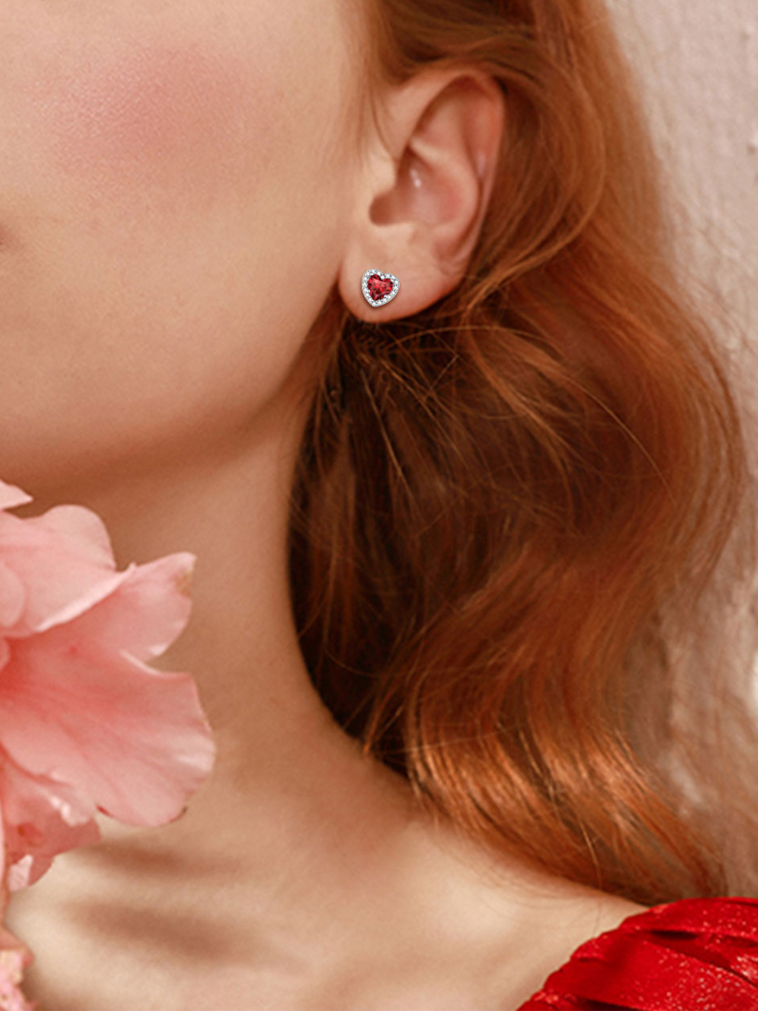 Heart Birthstone with Cubic Zirconia Halo Stud Earrings