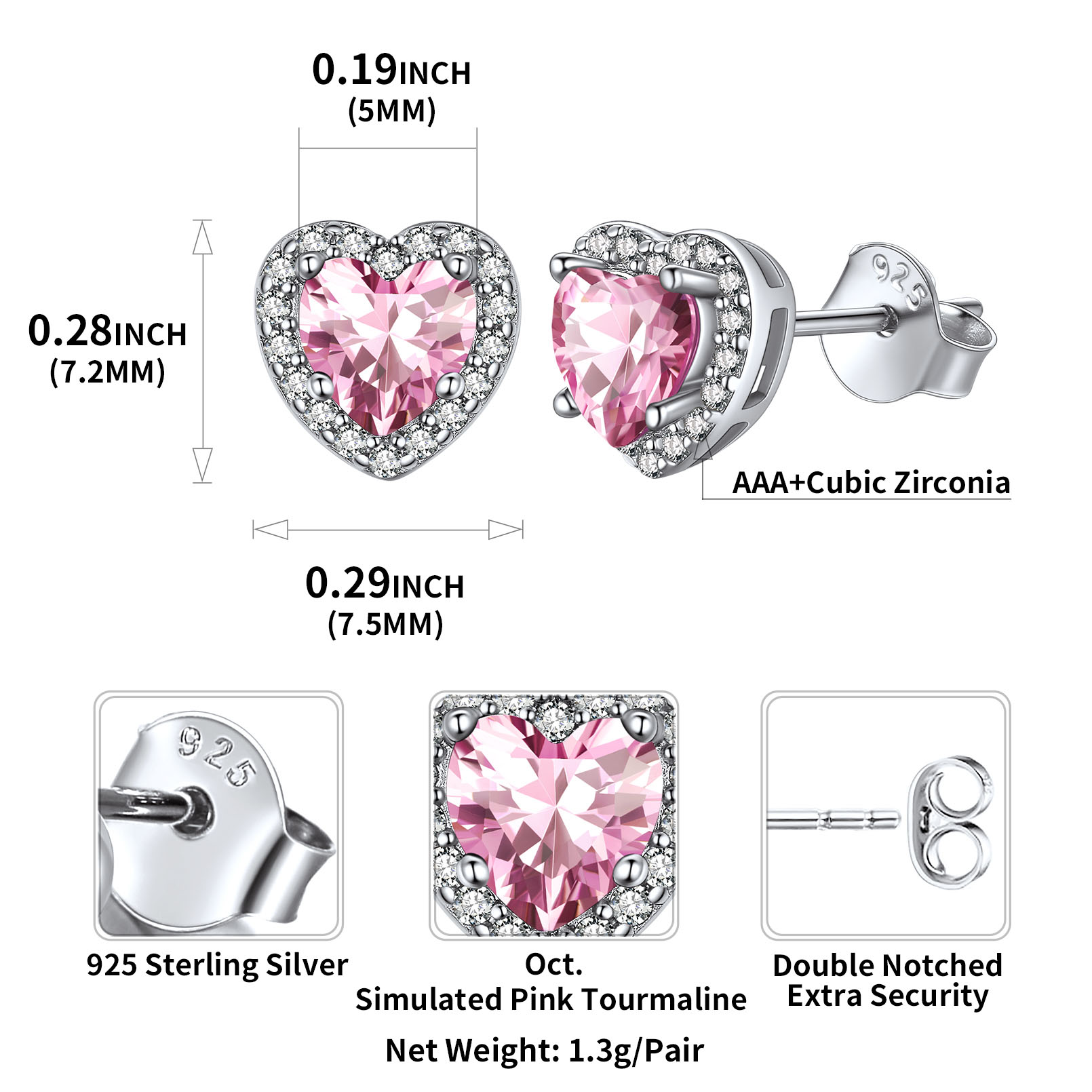 Heart Birthstone with Cubic Zirconia Halo Stud Earrings