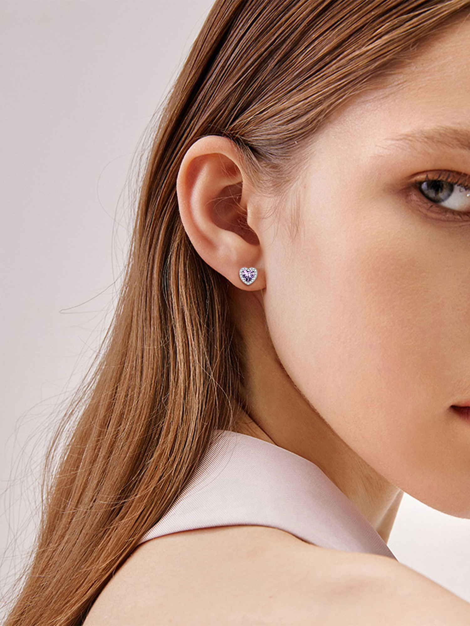 Heart Birthstone with Cubic Zirconia Halo Stud Earrings