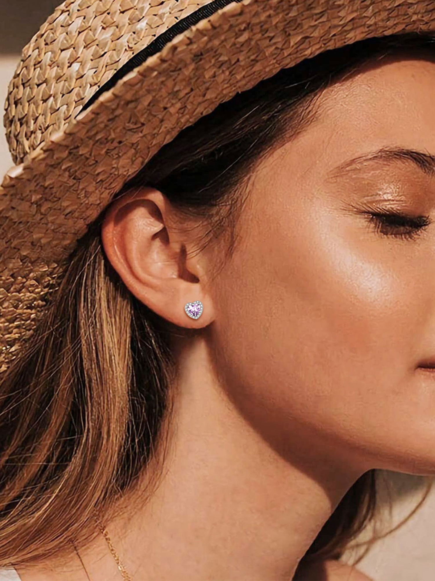 Heart Birthstone with Cubic Zirconia Halo Stud Earrings